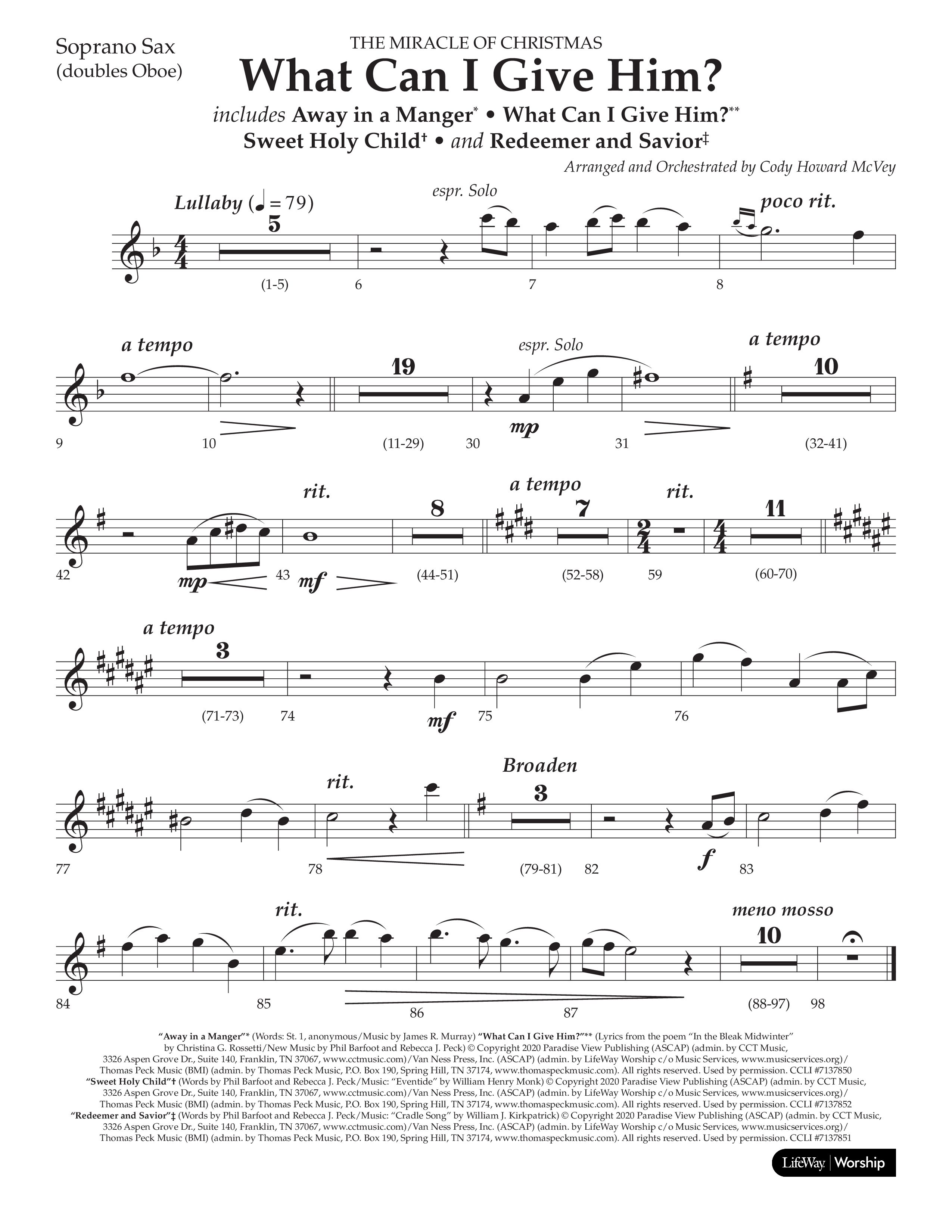 What Can I Give Him (with Away In A Manger, Sweet Holy Child, Redeemer and Savior) (Choral Anthem SATB) Soprano Sax (Lifeway Choral / Arr. Cody McVey)