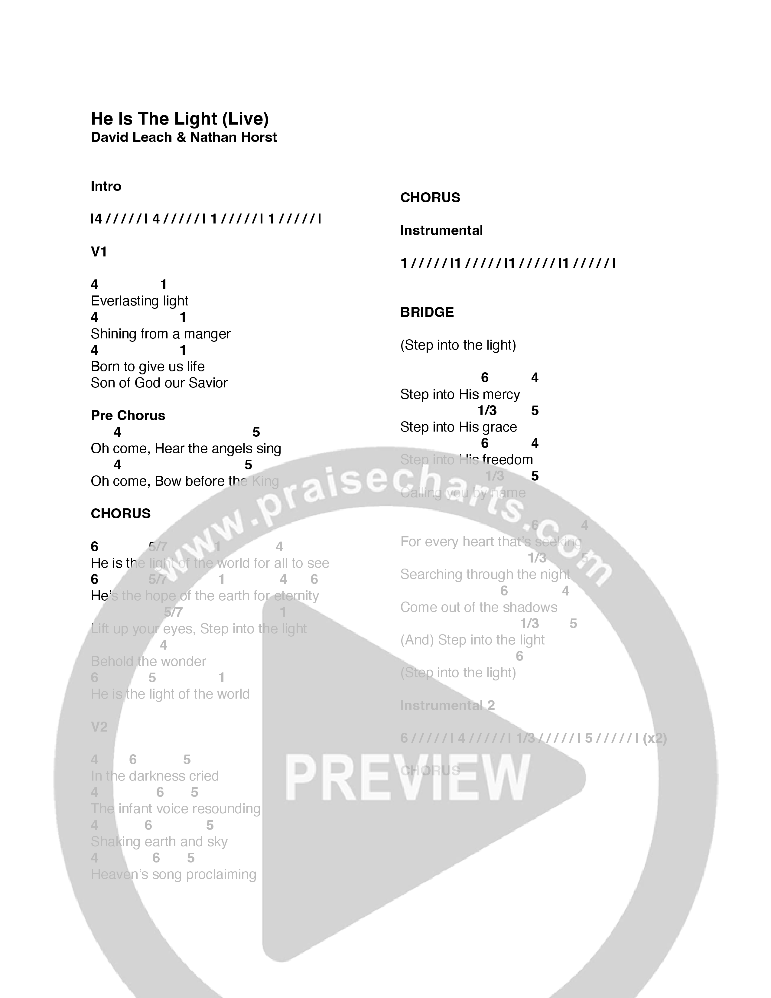 He Is The Light (Live) Chord Chart (Life Center Worship)