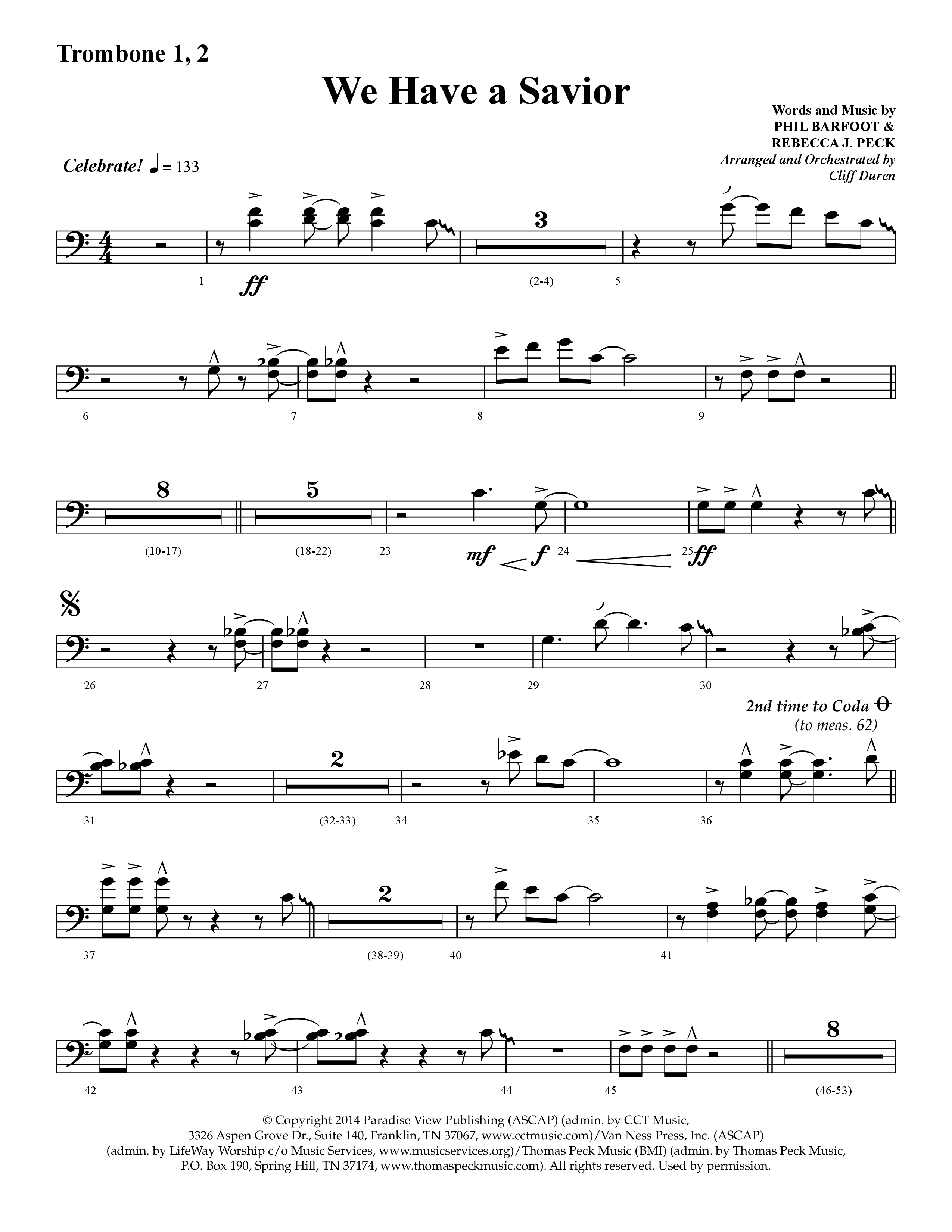 We Have A Savior (Choral Anthem SATB) Trombone 1/2 (Lifeway Choral / Arr. Cliff Duren)