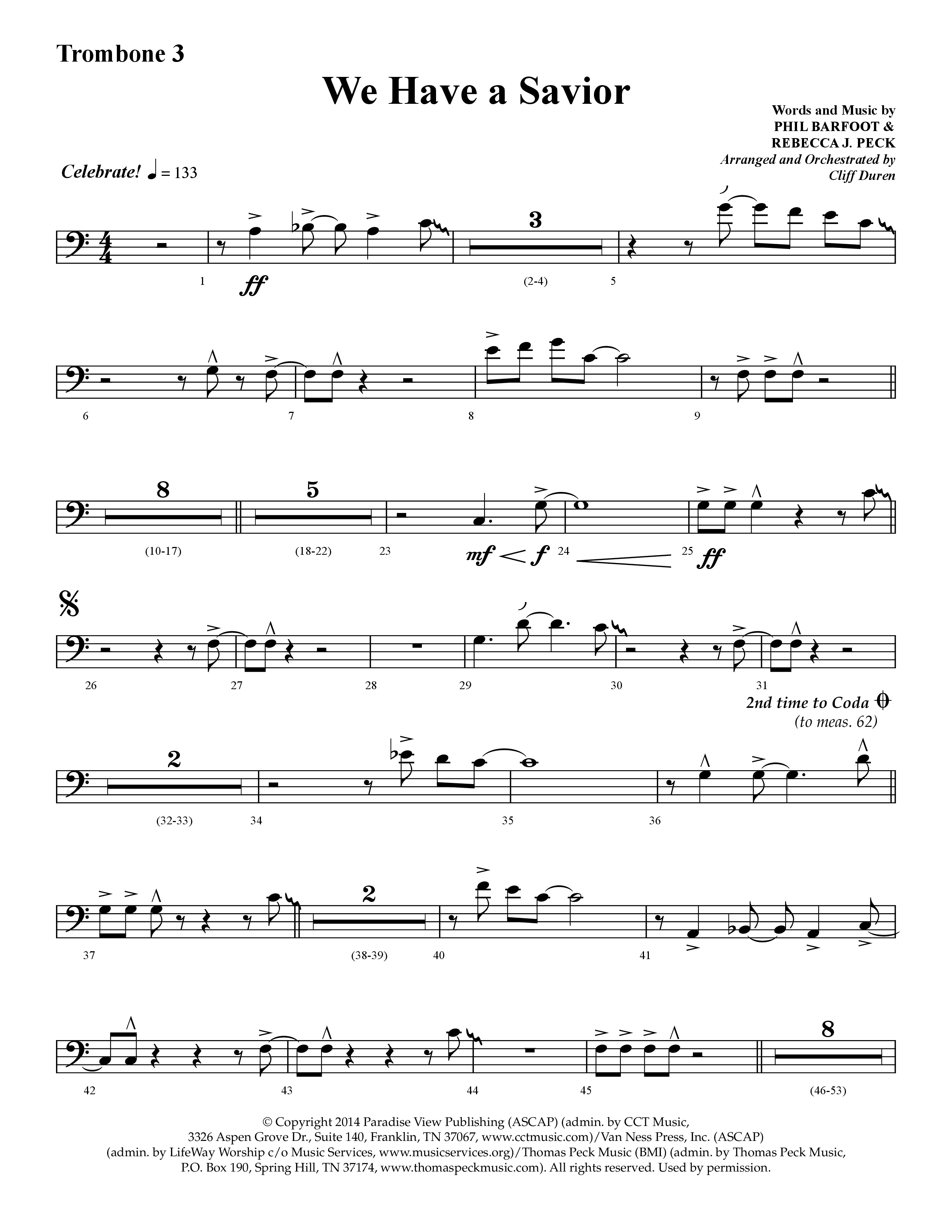 We Have A Savior (Choral Anthem SATB) Trombone 3 (Lifeway Choral / Arr. Cliff Duren)