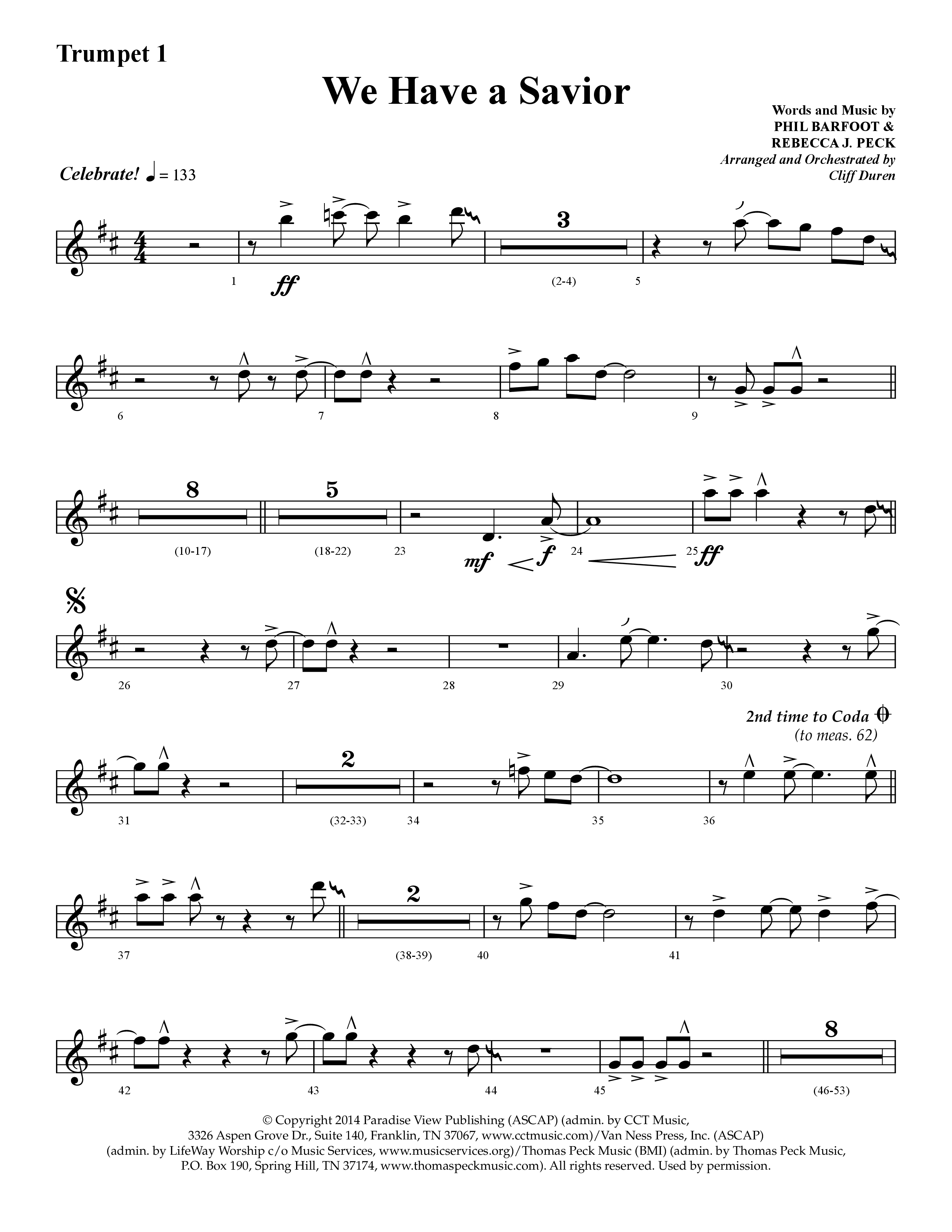 We Have A Savior (Choral Anthem SATB) Trumpet 1 (Lifeway Choral / Arr. Cliff Duren)