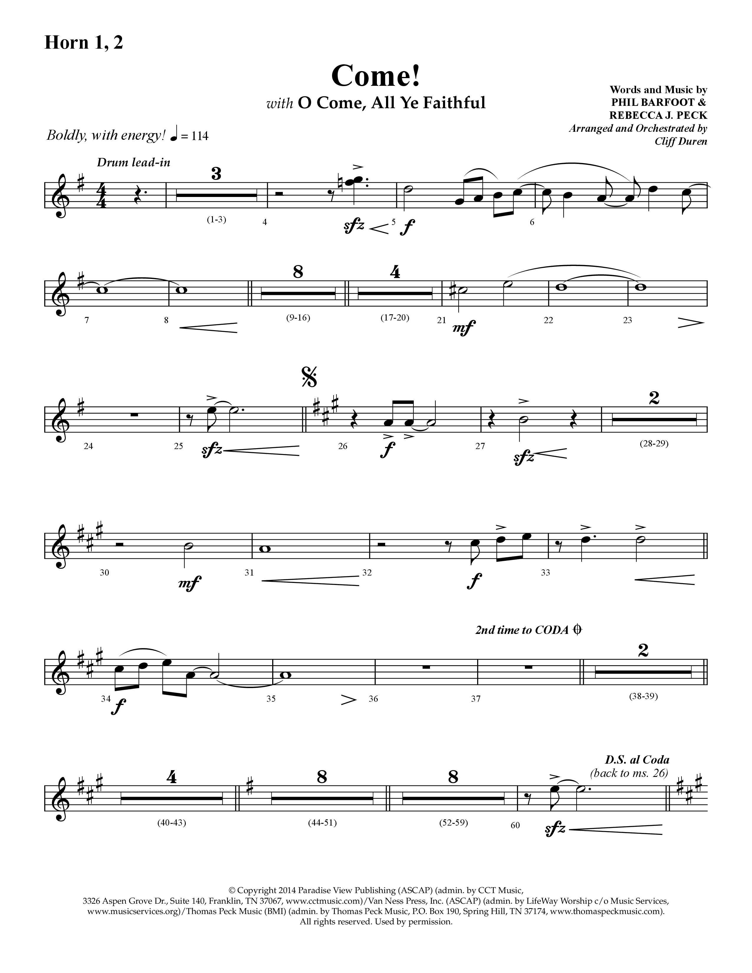 Come (with O Come All Ye Faithful) (Choral Anthem SATB) French Horn 1/2 (Lifeway Choral / Arr. Cliff Duren)
