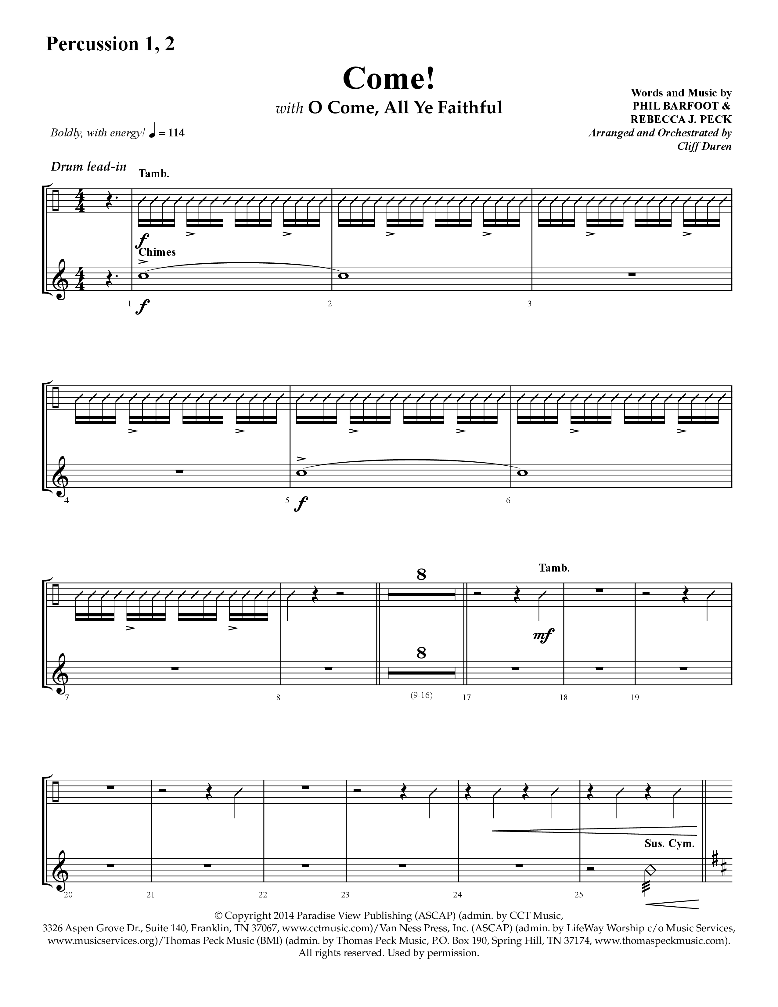 Come (with O Come All Ye Faithful) (Choral Anthem SATB) Percussion 1/2 (Lifeway Choral / Arr. Cliff Duren)