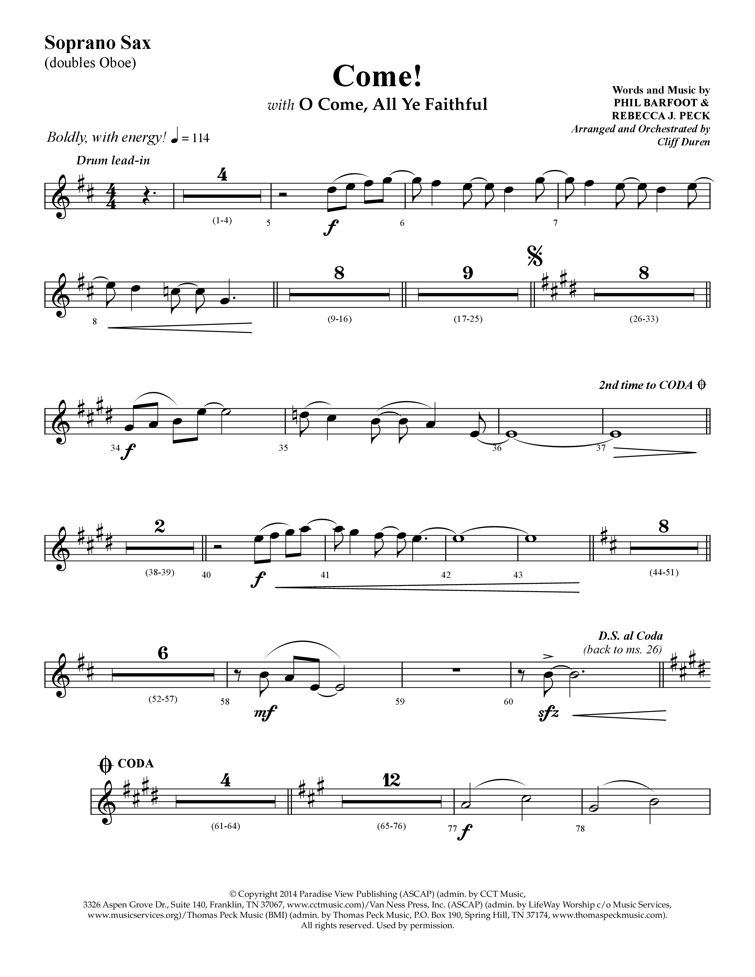 Come (with O Come All Ye Faithful) (Choral Anthem SATB) Soprano Sax (Lifeway Choral / Arr. Cliff Duren)