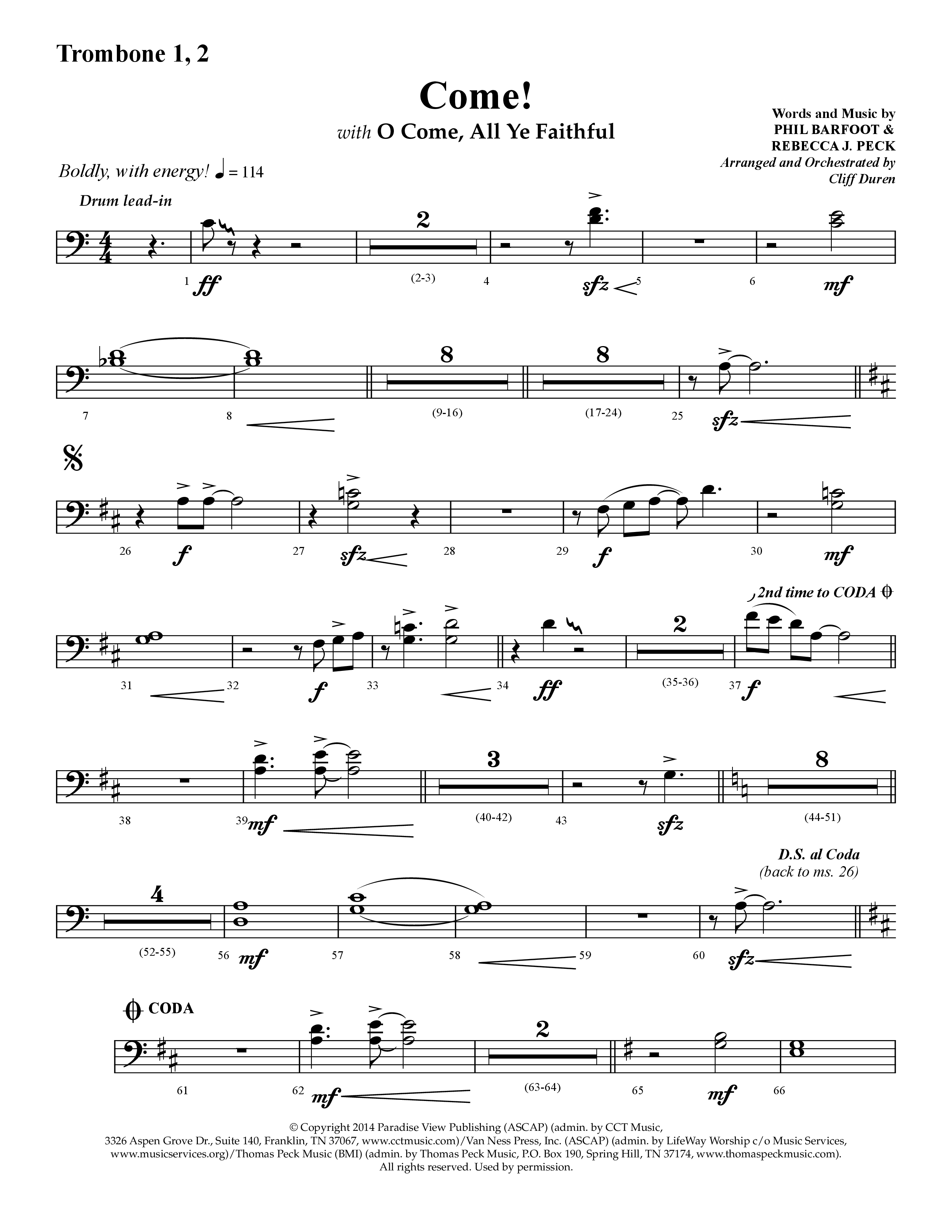 Come (with O Come All Ye Faithful) (Choral Anthem SATB) Trombone 1/2 (Lifeway Choral / Arr. Cliff Duren)