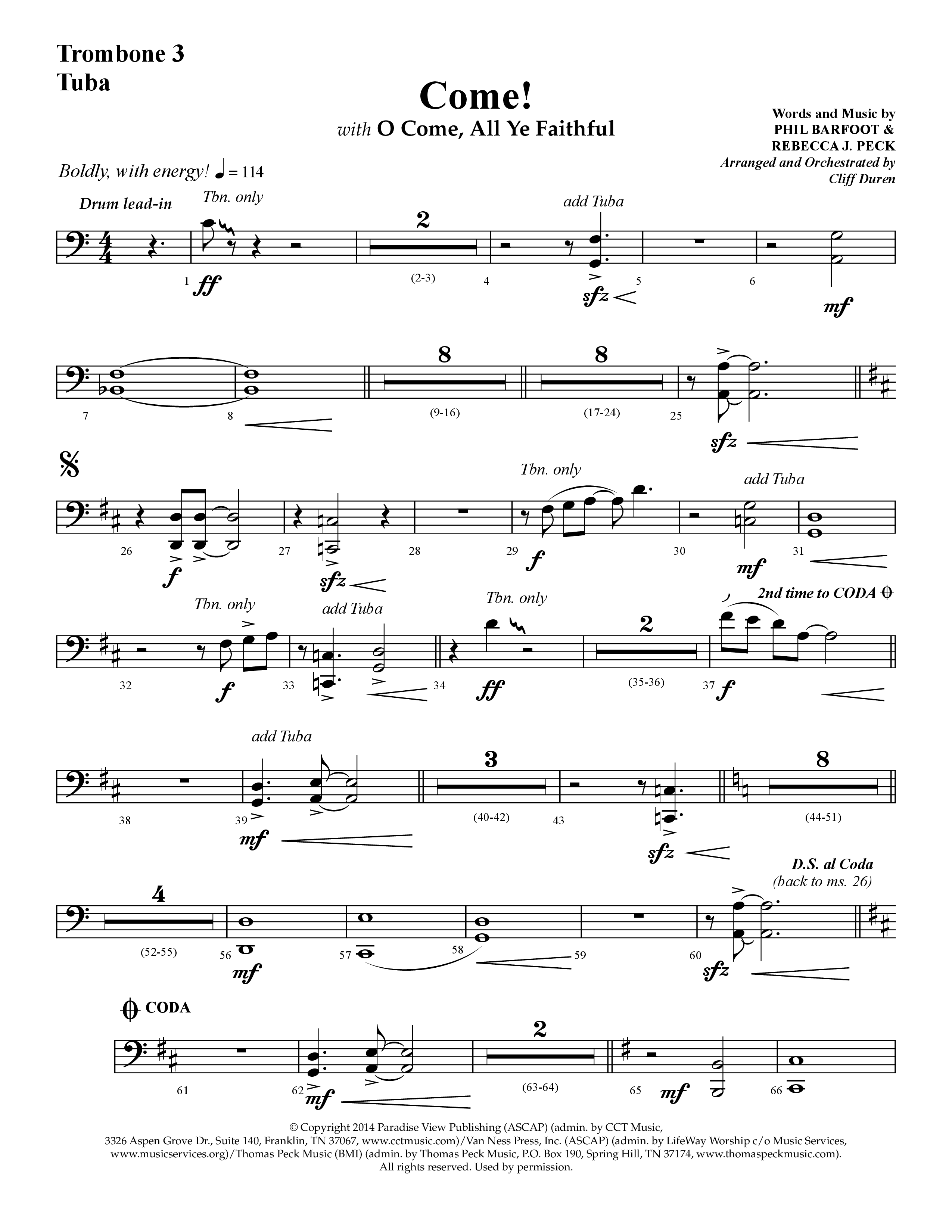 Come (with O Come All Ye Faithful) (Choral Anthem SATB) Trombone 3/Tuba (Lifeway Choral / Arr. Cliff Duren)