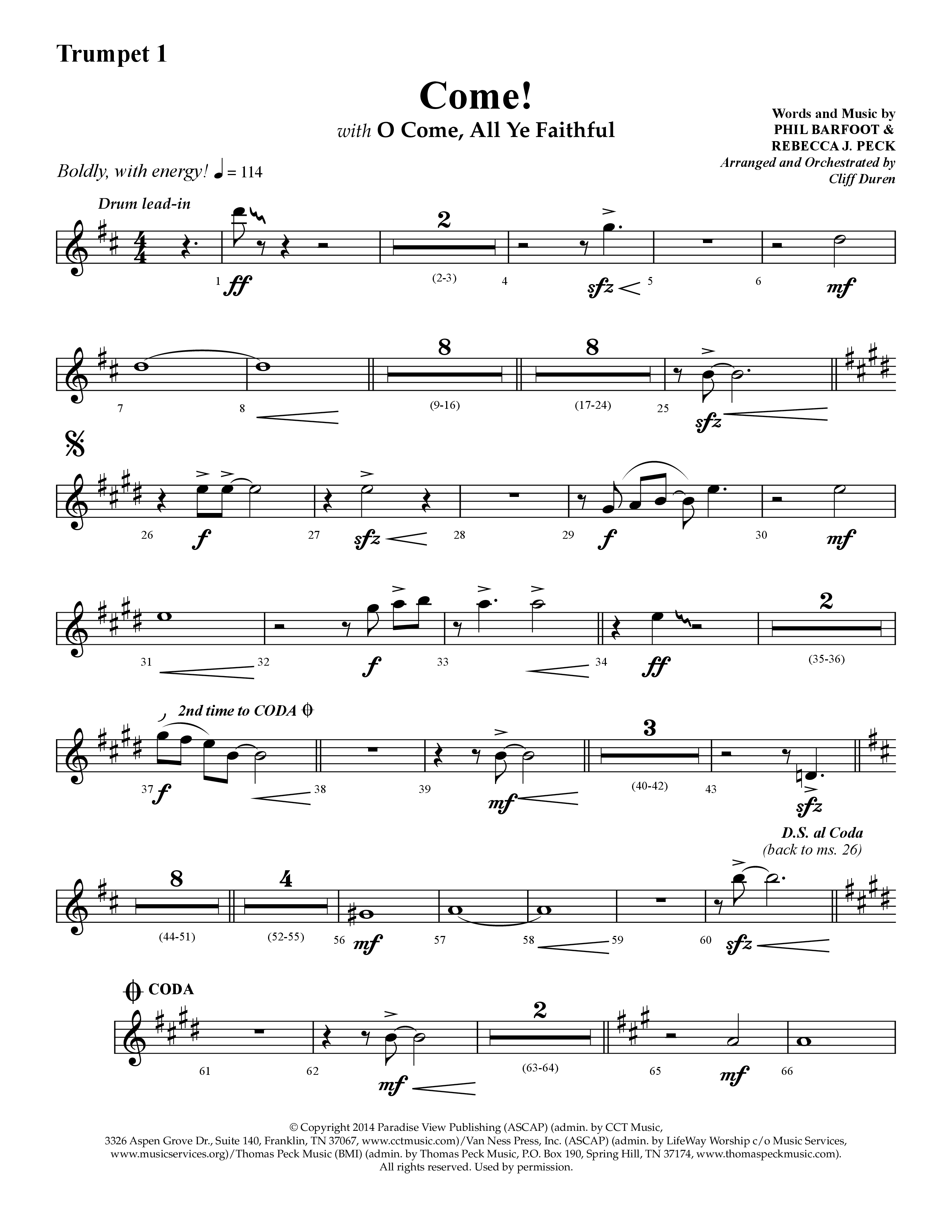 Come (with O Come All Ye Faithful) (Choral Anthem SATB) Trumpet 1 (Lifeway Choral / Arr. Cliff Duren)