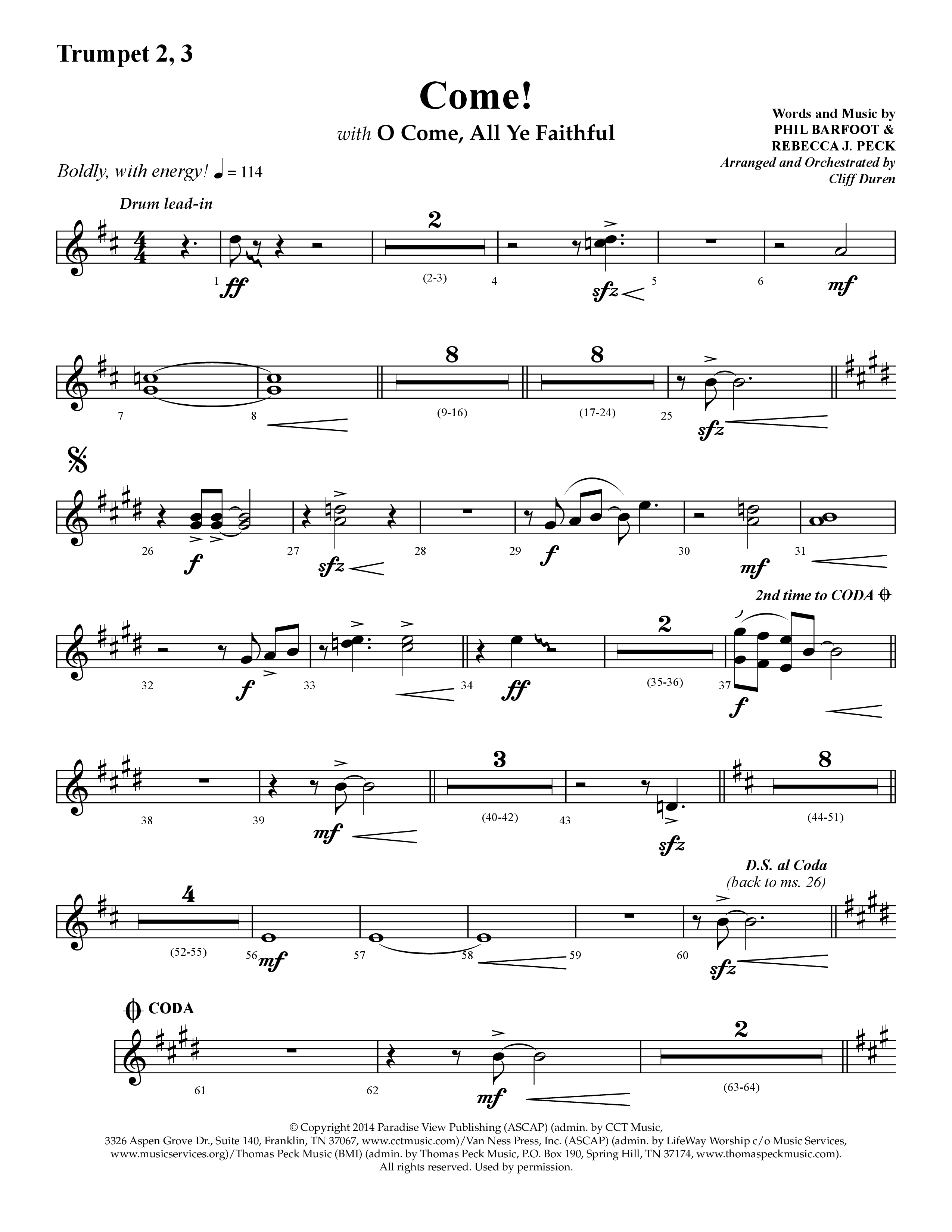 Come (with O Come All Ye Faithful) (Choral Anthem SATB) Trumpet 2/3 (Lifeway Choral / Arr. Cliff Duren)