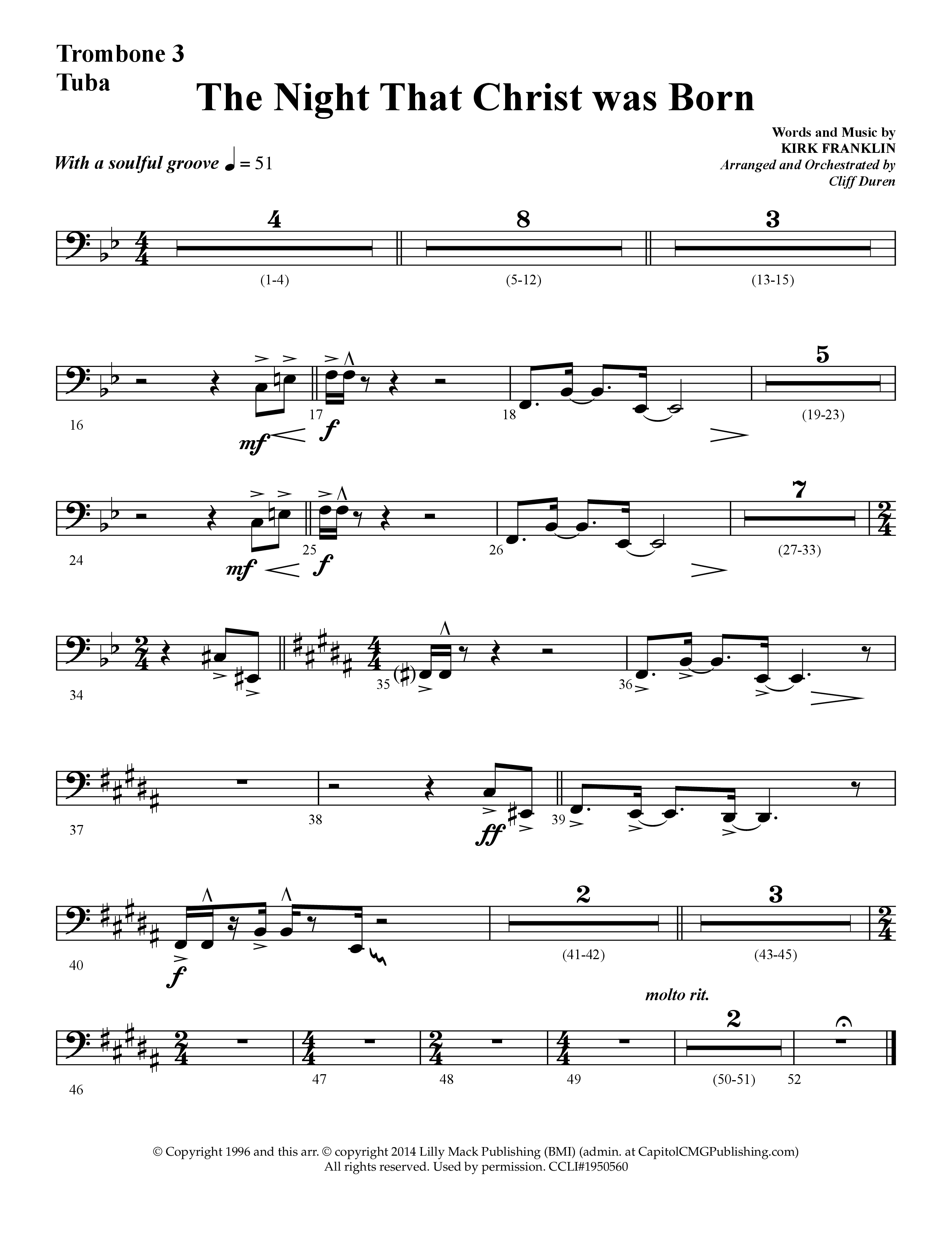 The Night That Christ Was Born (Choral Anthem SATB) Trombone 3/Tuba (Lifeway Choral / Arr. Cliff Duren)