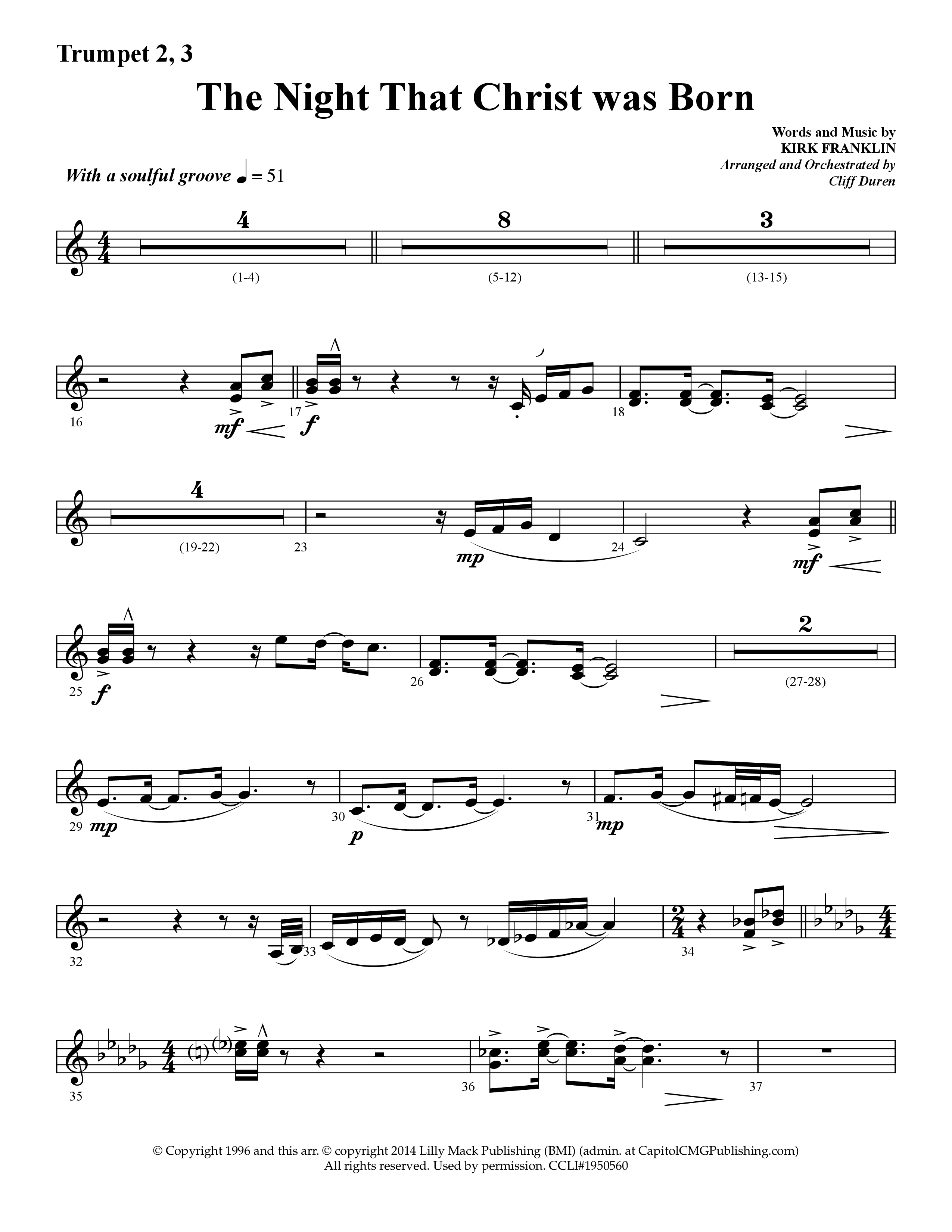 The Night That Christ Was Born (Choral Anthem SATB) Trumpet 2/3 (Lifeway Choral / Arr. Cliff Duren)