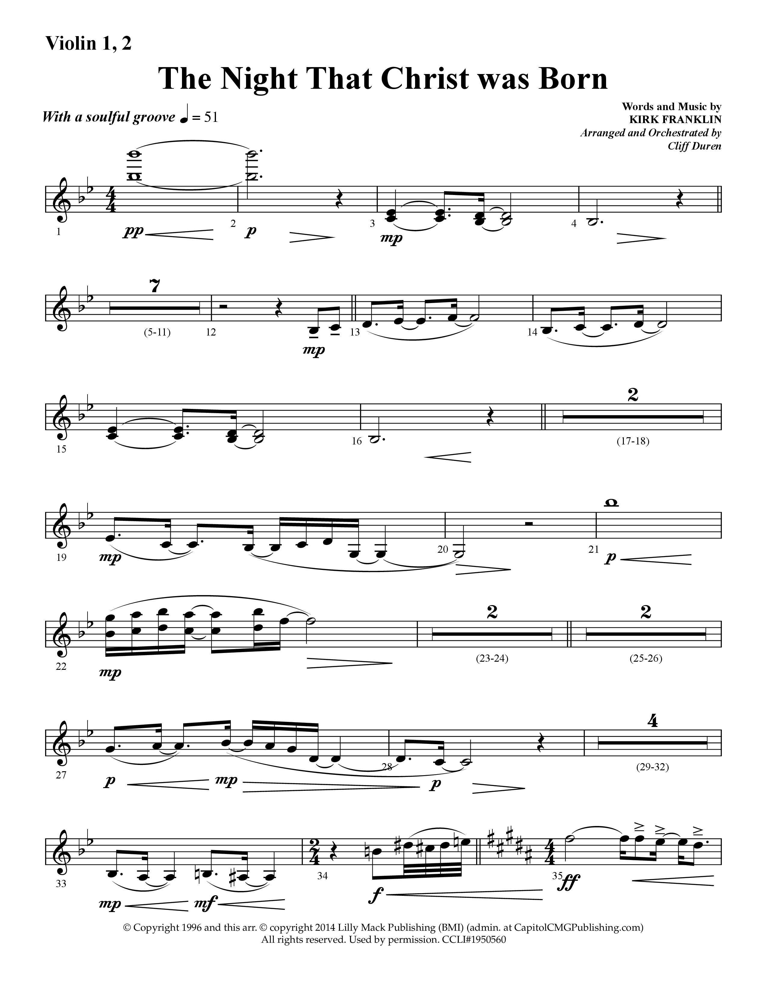 The Night That Christ Was Born (Choral Anthem SATB) Violin 1/2 (Lifeway Choral / Arr. Cliff Duren)