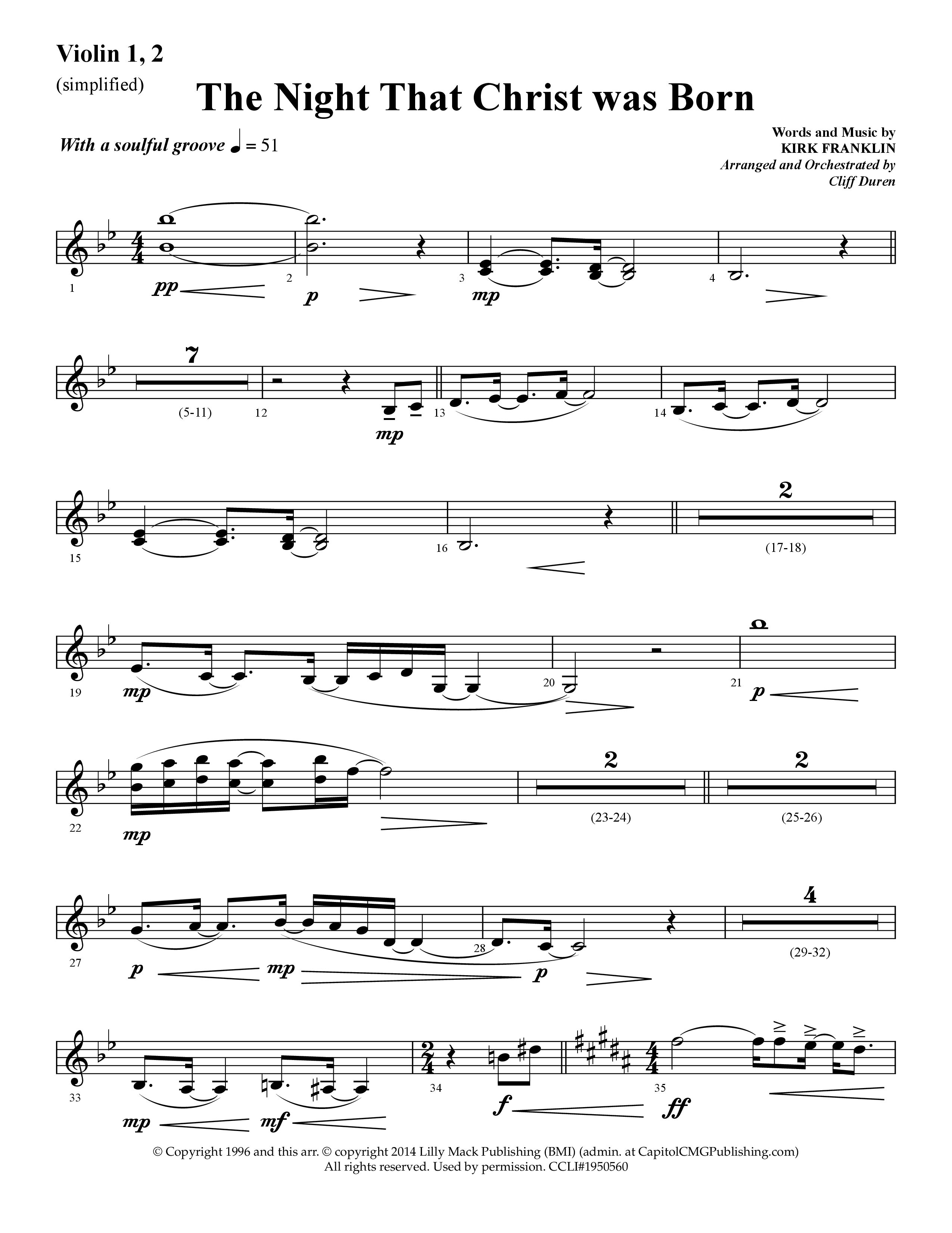 The Night That Christ Was Born (Choral Anthem SATB) Violin 1/2 (Lifeway Choral / Arr. Cliff Duren)