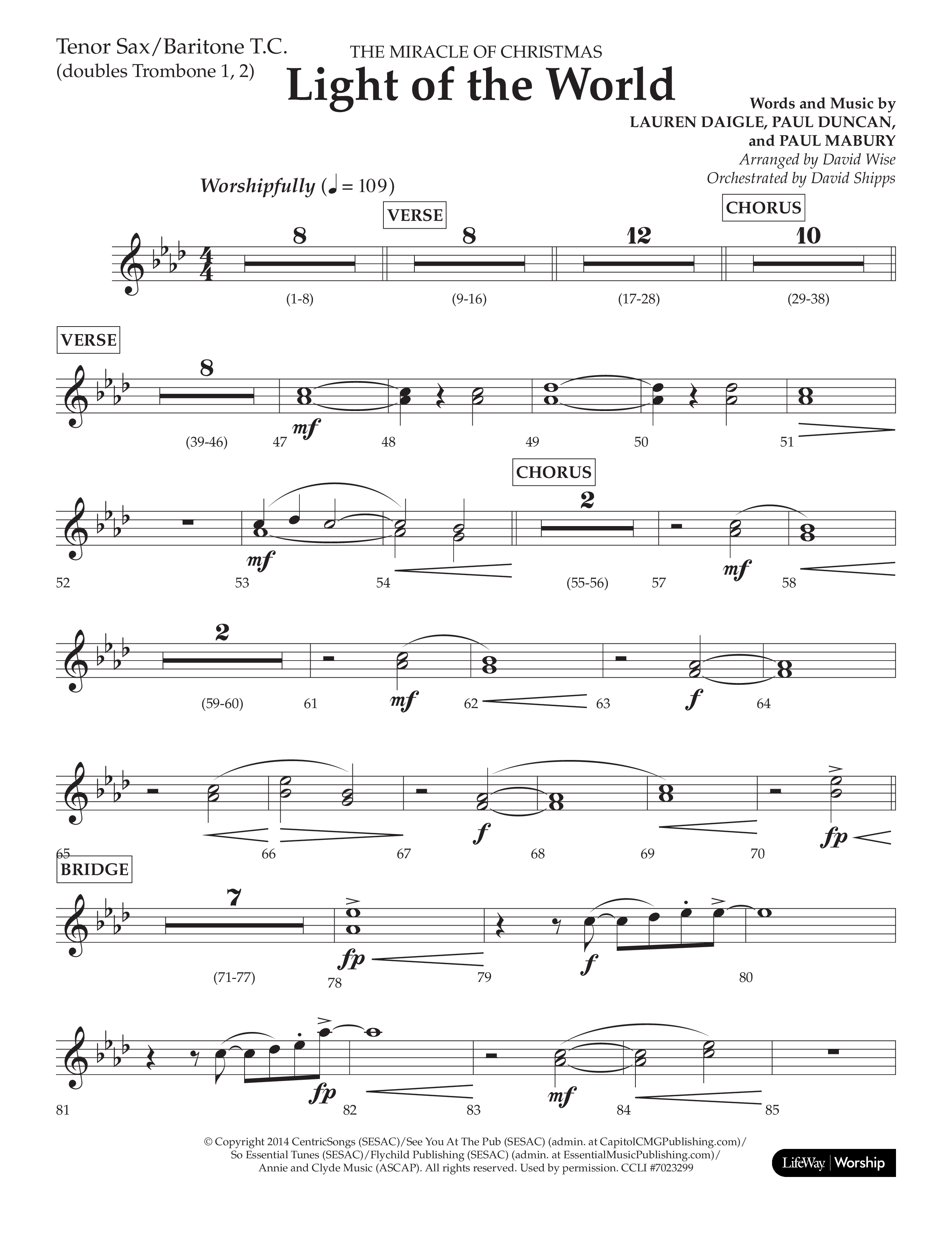 Light Of The World (Choral Anthem SATB) Tenor Sax/Baritone T.C. (Lifeway Choral / Arr. David Wise)