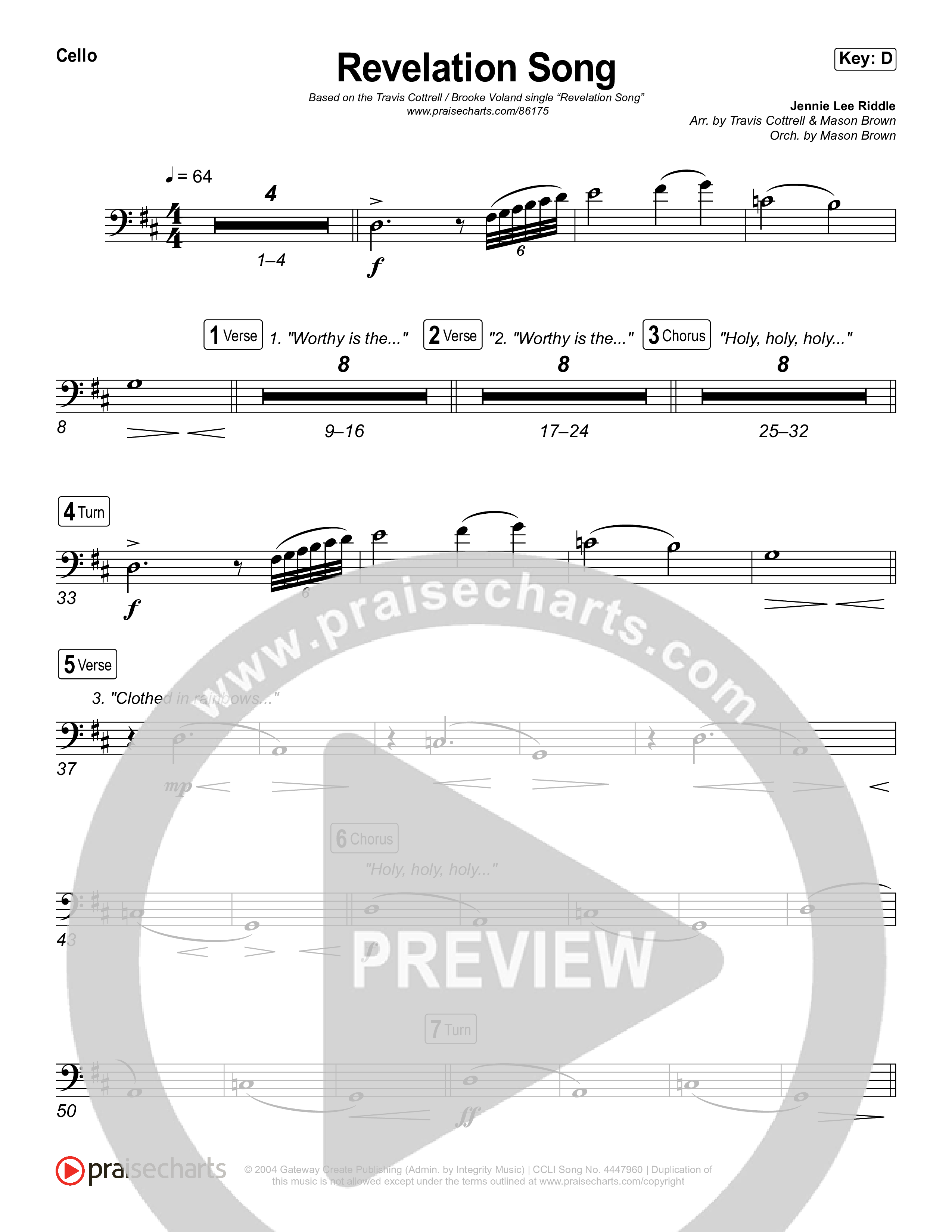 Revelation Song (Choral/SATB) Cello (Brooke Voland / Travis Cottrell / Arr. Mason Brown)