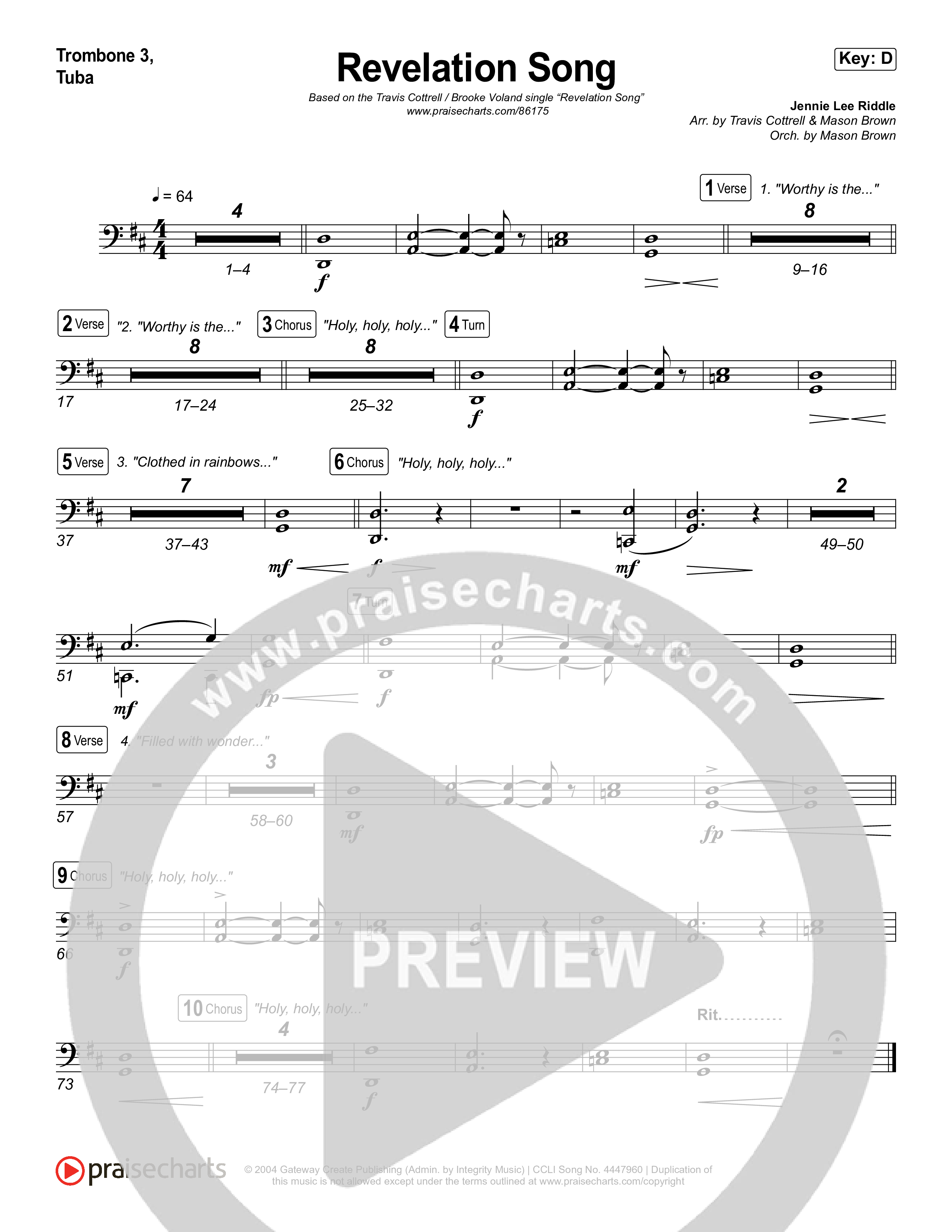 Revelation Song (Choral/SATB) Trombone 1,2 (Brooke Voland / Travis Cottrell / Arr. Mason Brown)