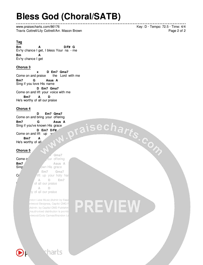 Bless God (Choral/SATB) Chords & Lyrics (Travis Cottrell / Lily Cottrell / Arr. Mason Brown)