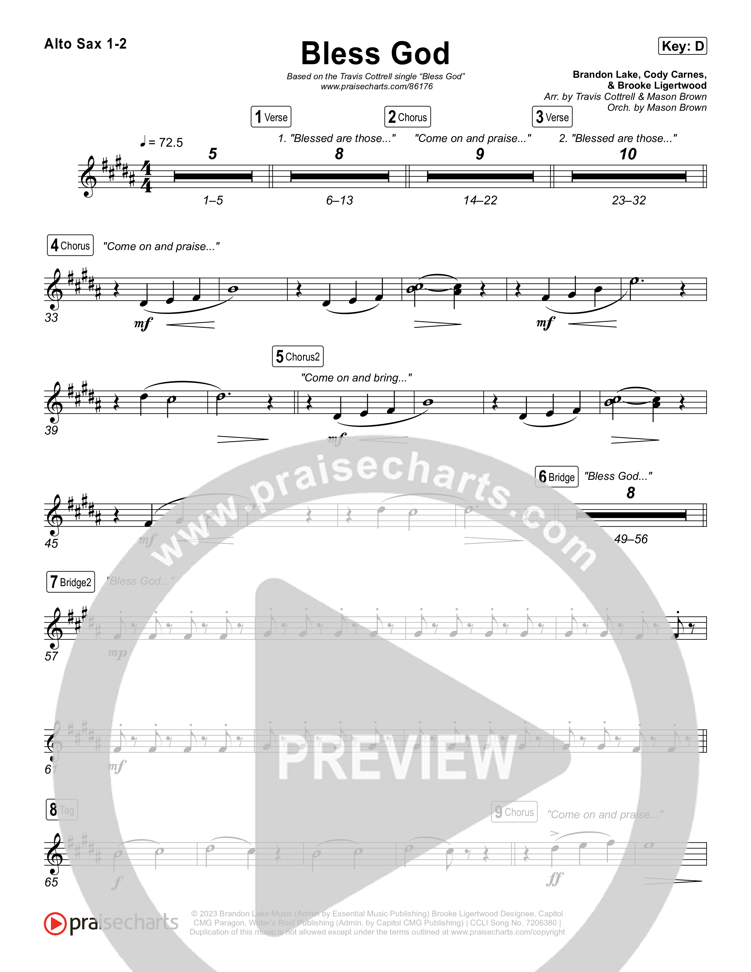 Bless God (Choral/SATB) Alto Sax 1,2 (Travis Cottrell / Lily Cottrell / Arr. Mason Brown)