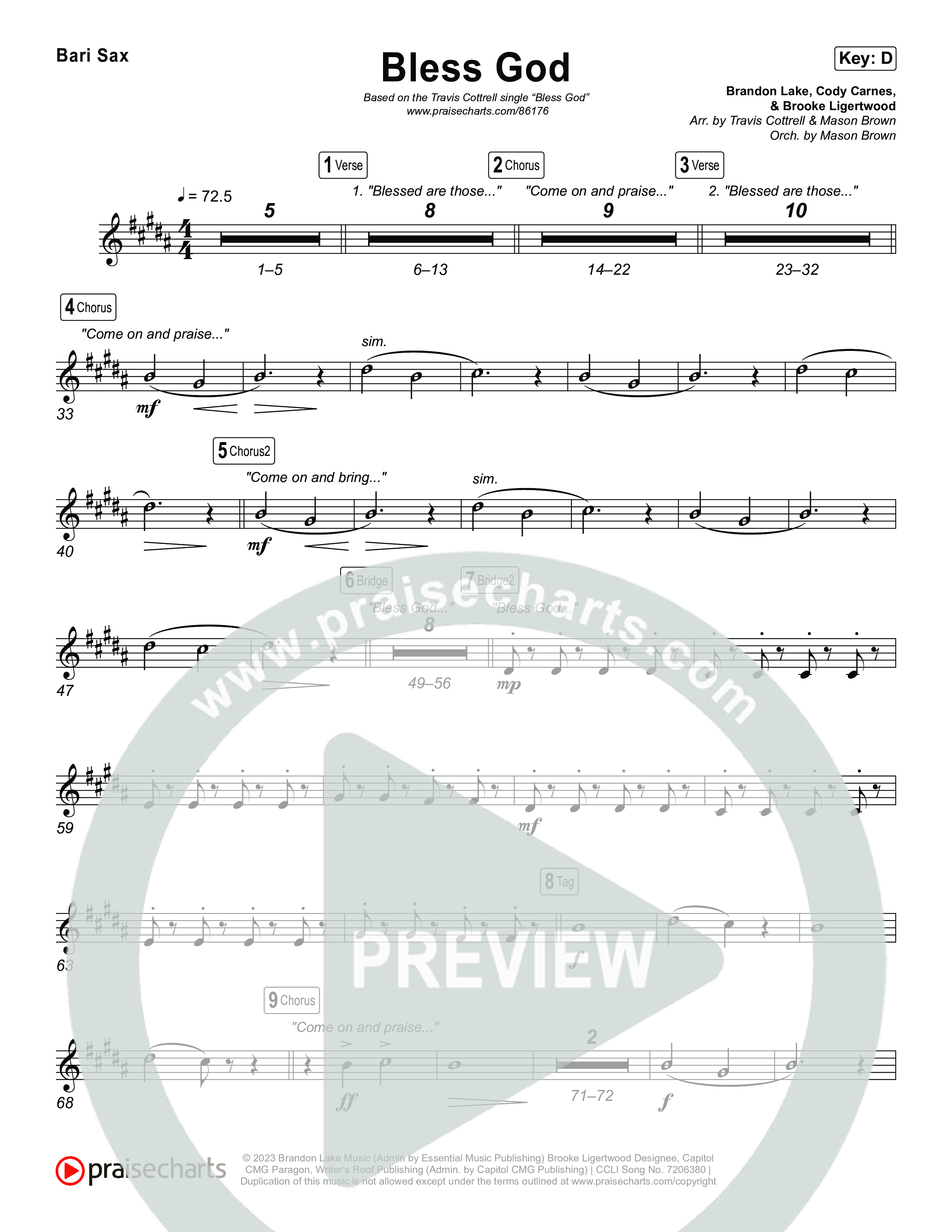 Bless God (Choral/SATB) Bari Sax (Travis Cottrell / Lily Cottrell / Arr. Mason Brown)