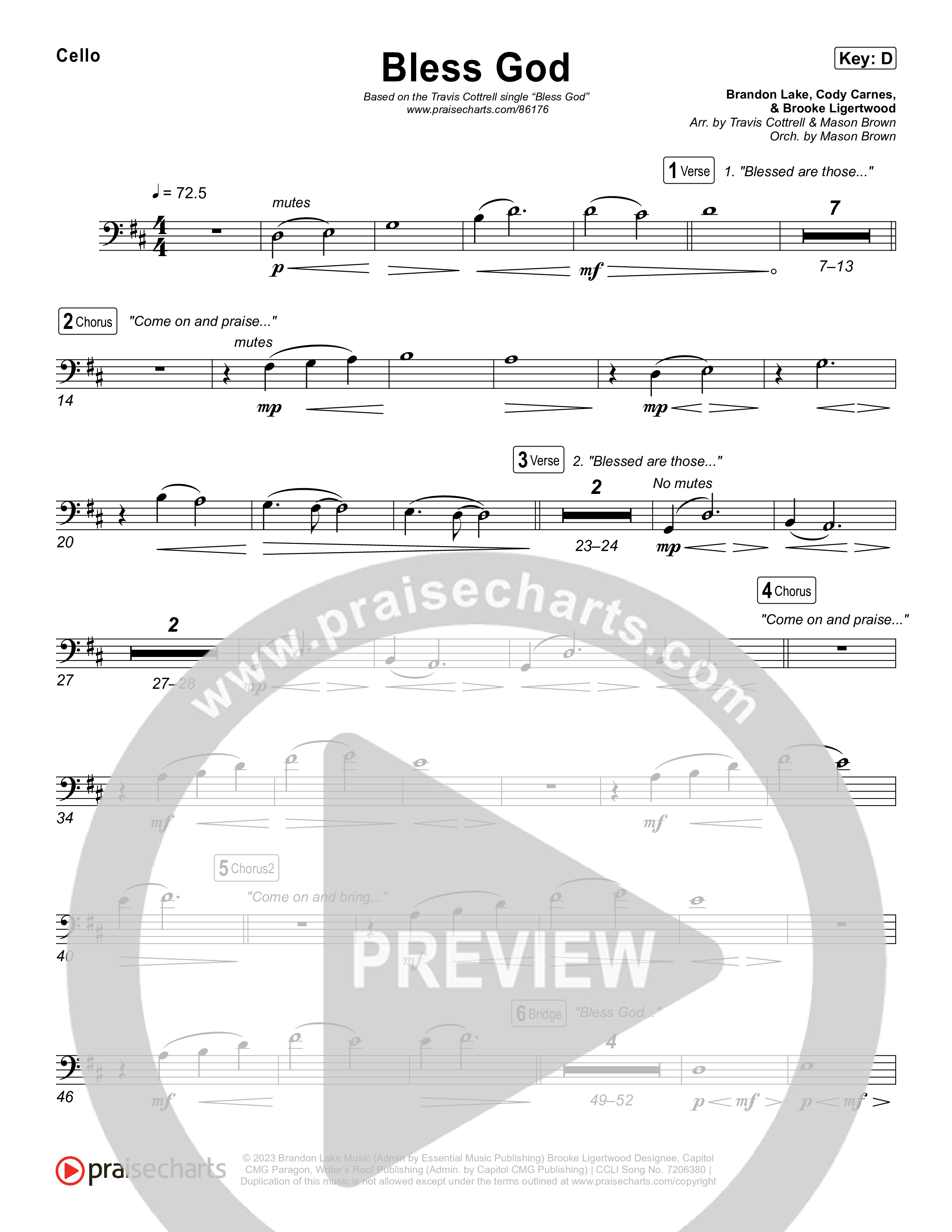 Bless God (Choral/SATB) Cello (Travis Cottrell / Lily Cottrell / Arr. Mason Brown)