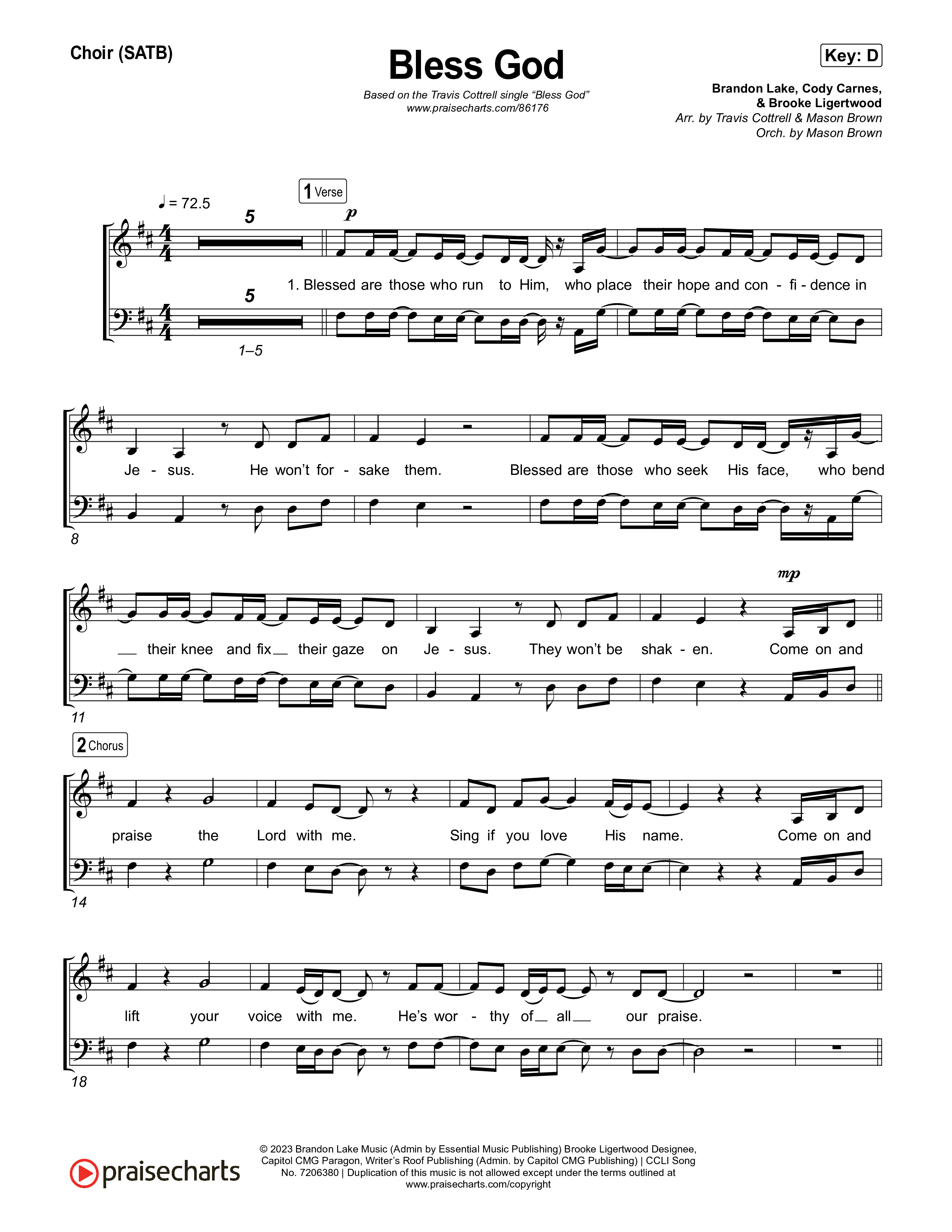 Bless God (Choral/SATB) Choir Sheet (SATB) (Travis Cottrell / Lily Cottrell / Arr. Mason Brown)