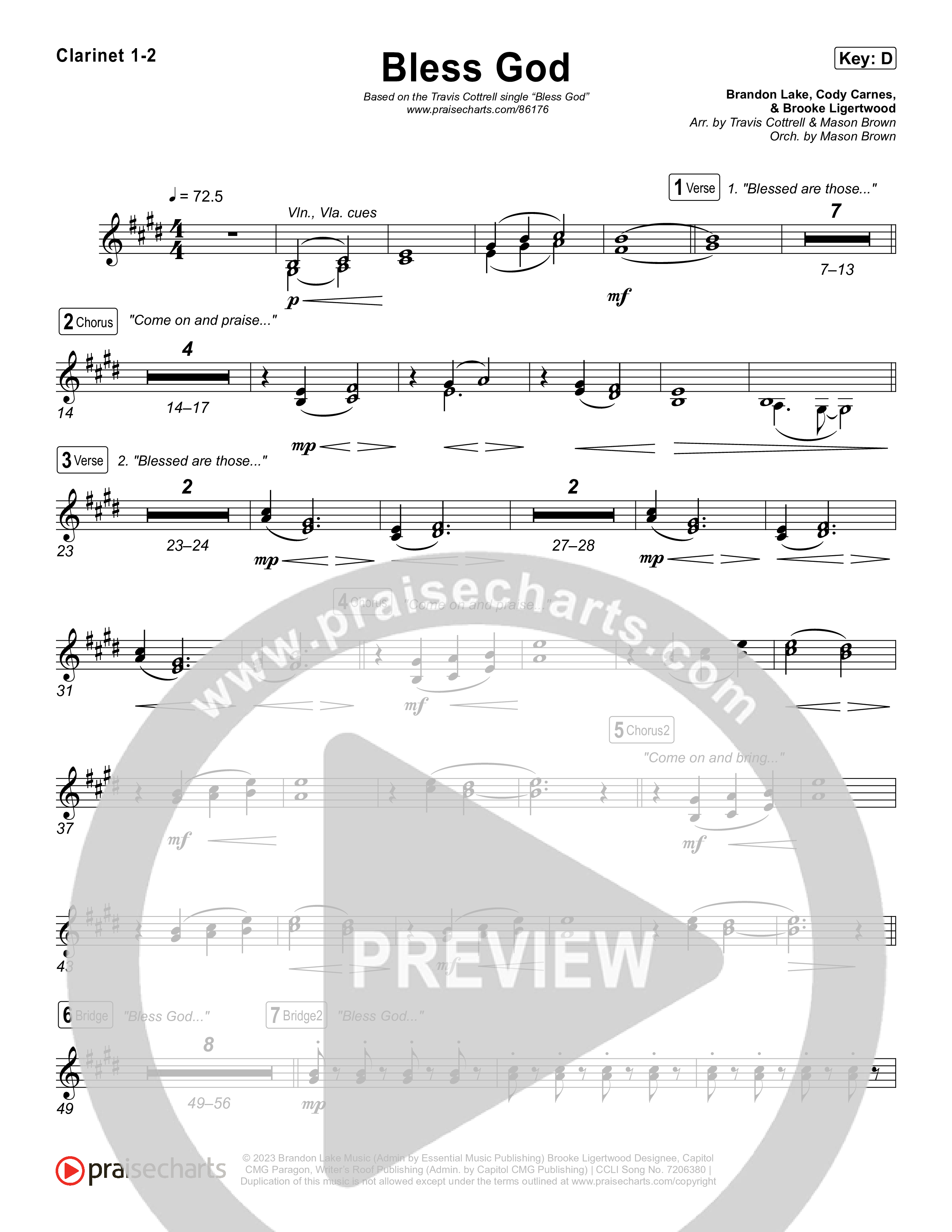 Bless God (Choral/SATB) Clarinet 1/2 (Travis Cottrell / Lily Cottrell / Arr. Mason Brown)