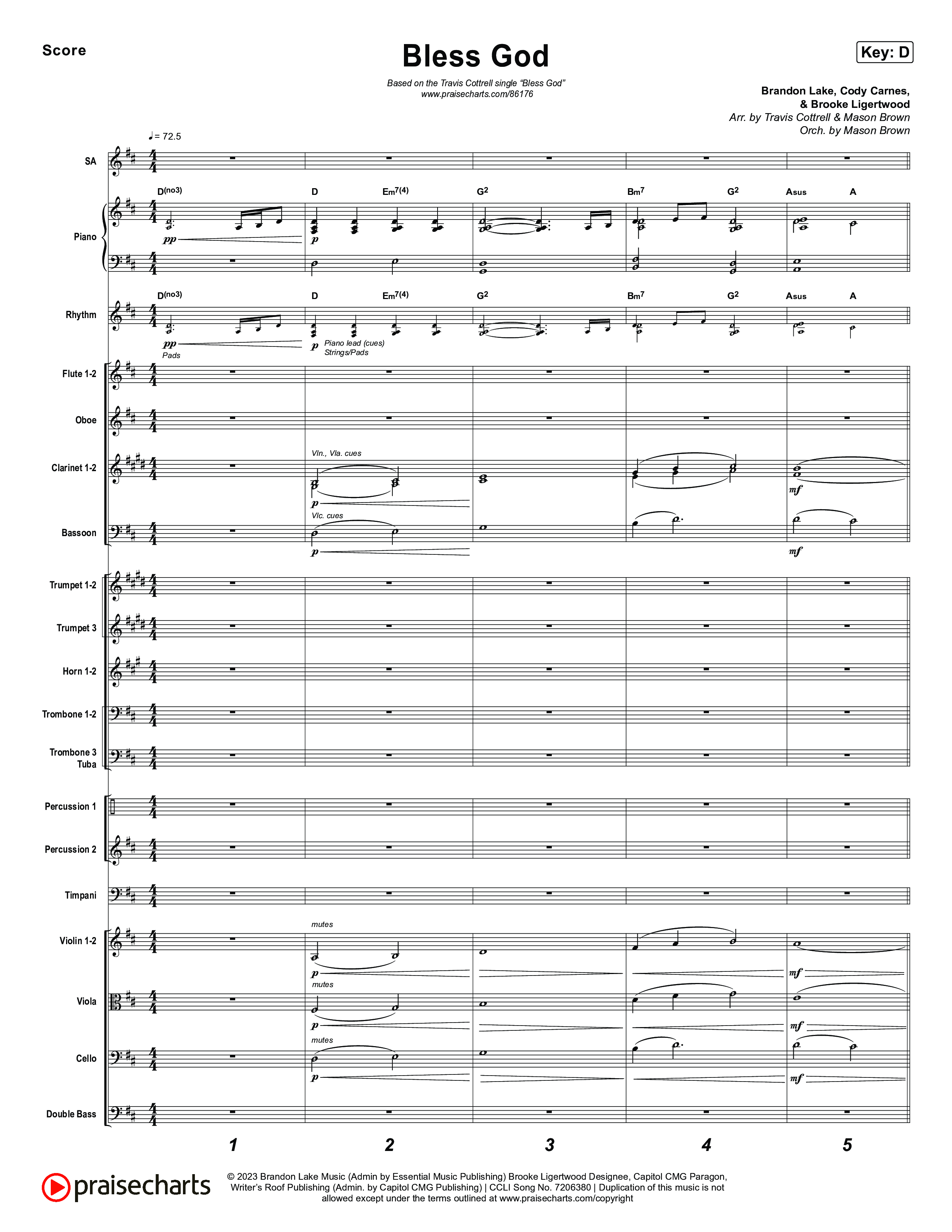 Bless God (Choral/SATB) Orchestration (Travis Cottrell / Lily Cottrell / Arr. Mason Brown)