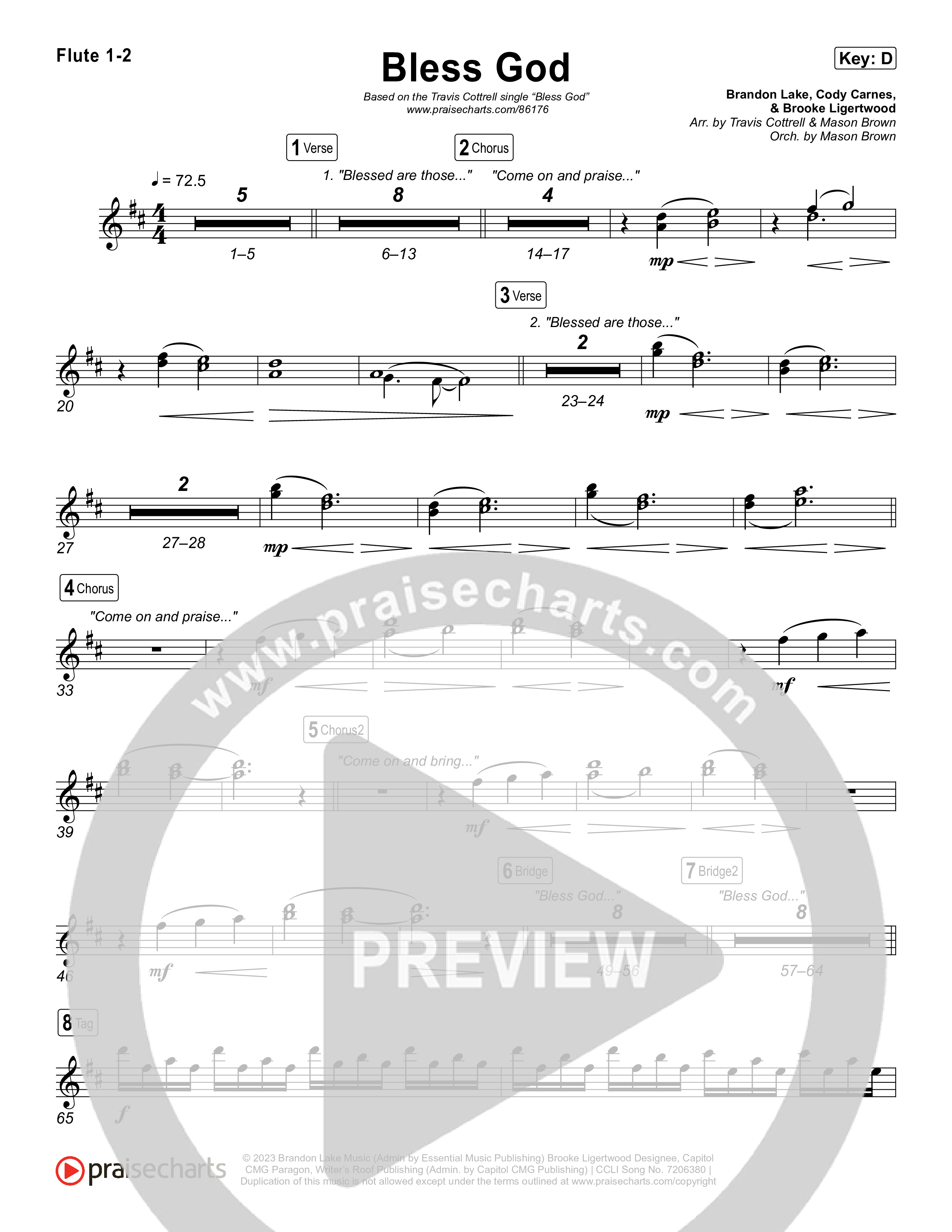 Bless God (Choral/SATB) Flute 1,2 (Travis Cottrell / Lily Cottrell / Arr. Mason Brown)