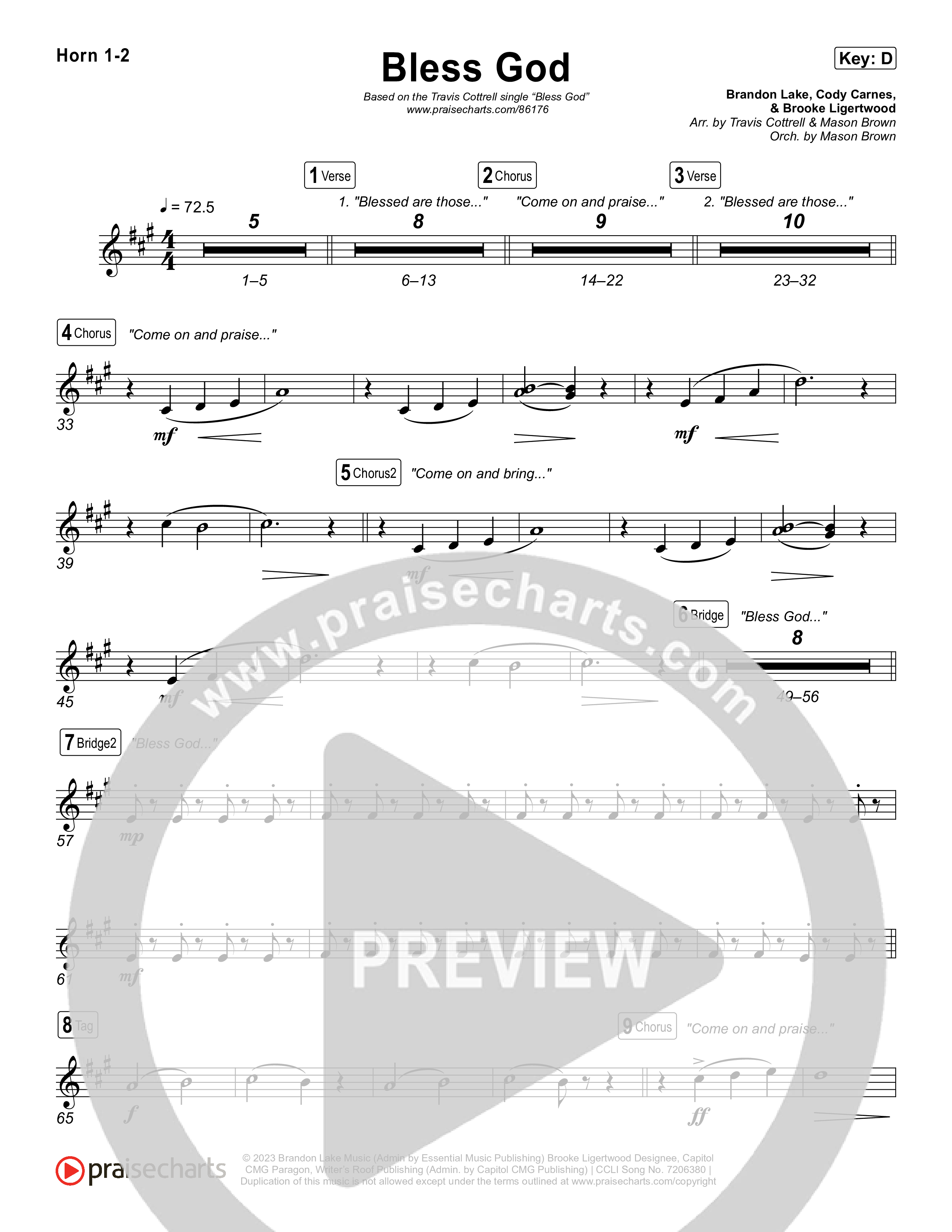 Bless God (Choral/SATB) French Horn 1,2 (Travis Cottrell / Lily Cottrell / Arr. Mason Brown)