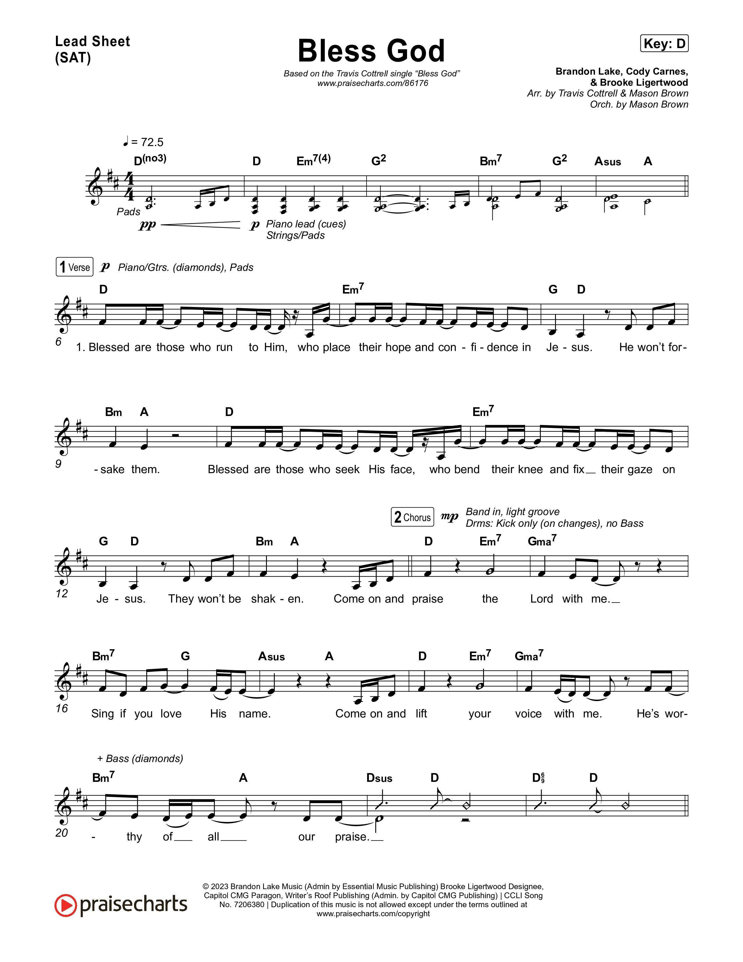 Bless God (Choral/SATB) Lead Sheet (SAT) (Travis Cottrell / Lily Cottrell / Arr. Mason Brown)