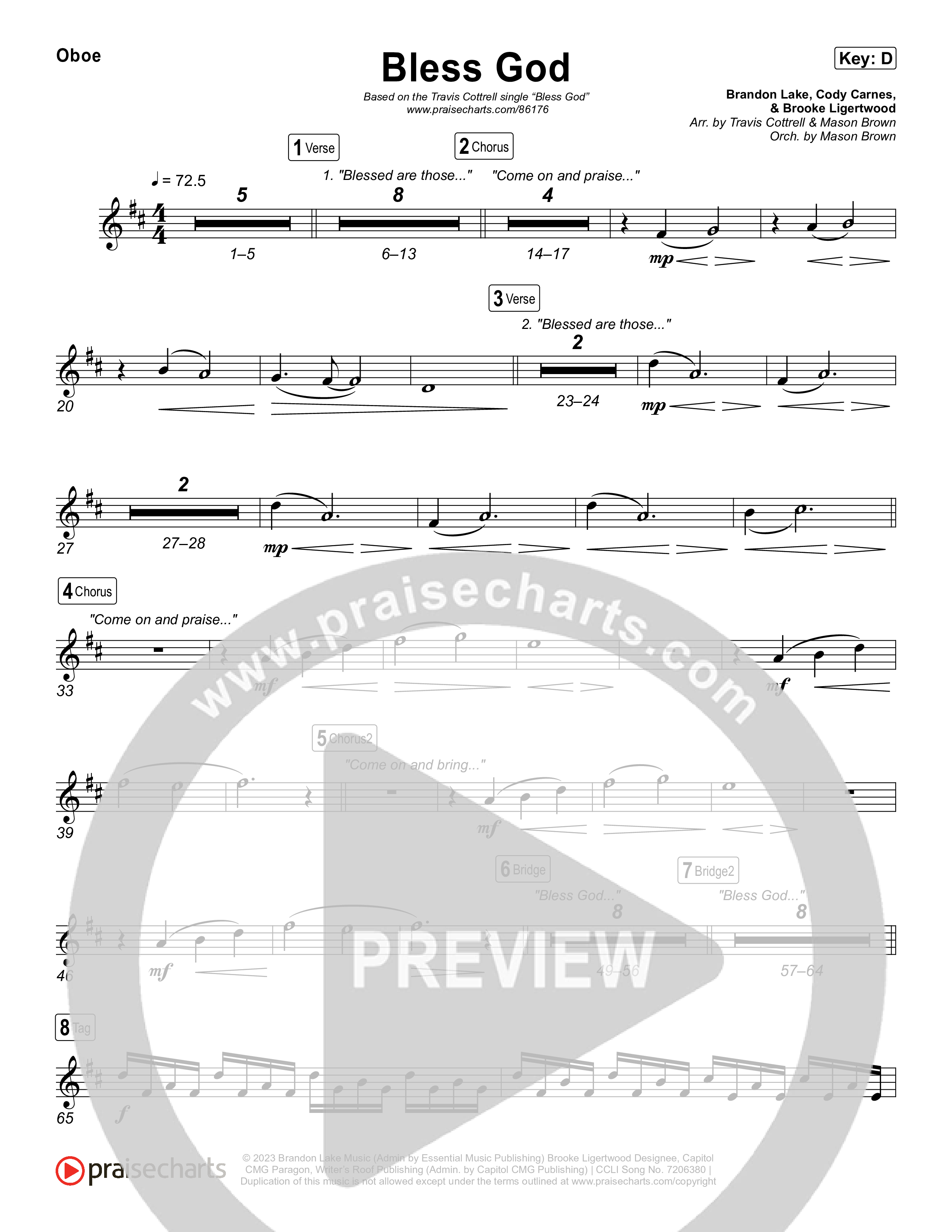 Bless God (Choral/SATB) Oboe (Travis Cottrell / Lily Cottrell / Arr. Mason Brown)