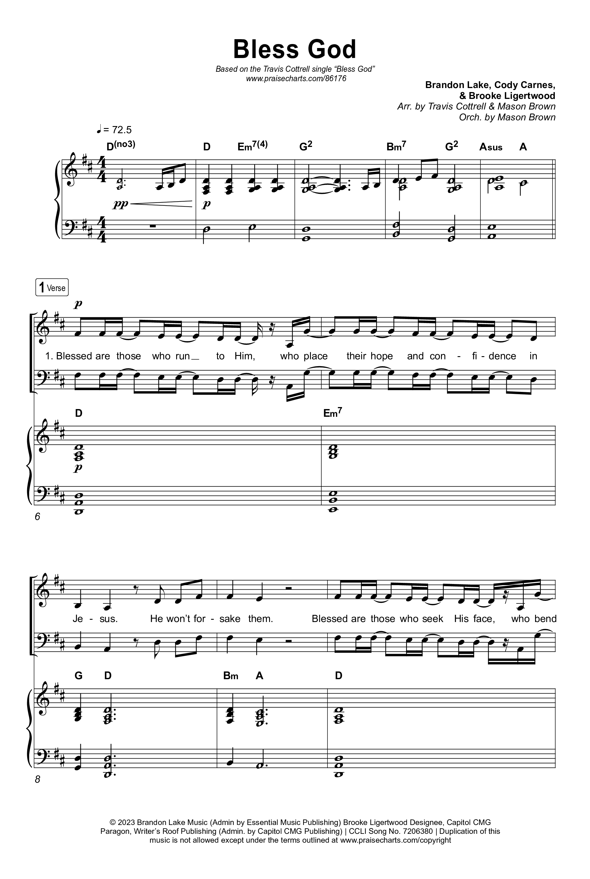Bless God (Choral/SATB) Octavo (SATB & Pno) (Travis Cottrell / Lily Cottrell / Arr. Mason Brown)
