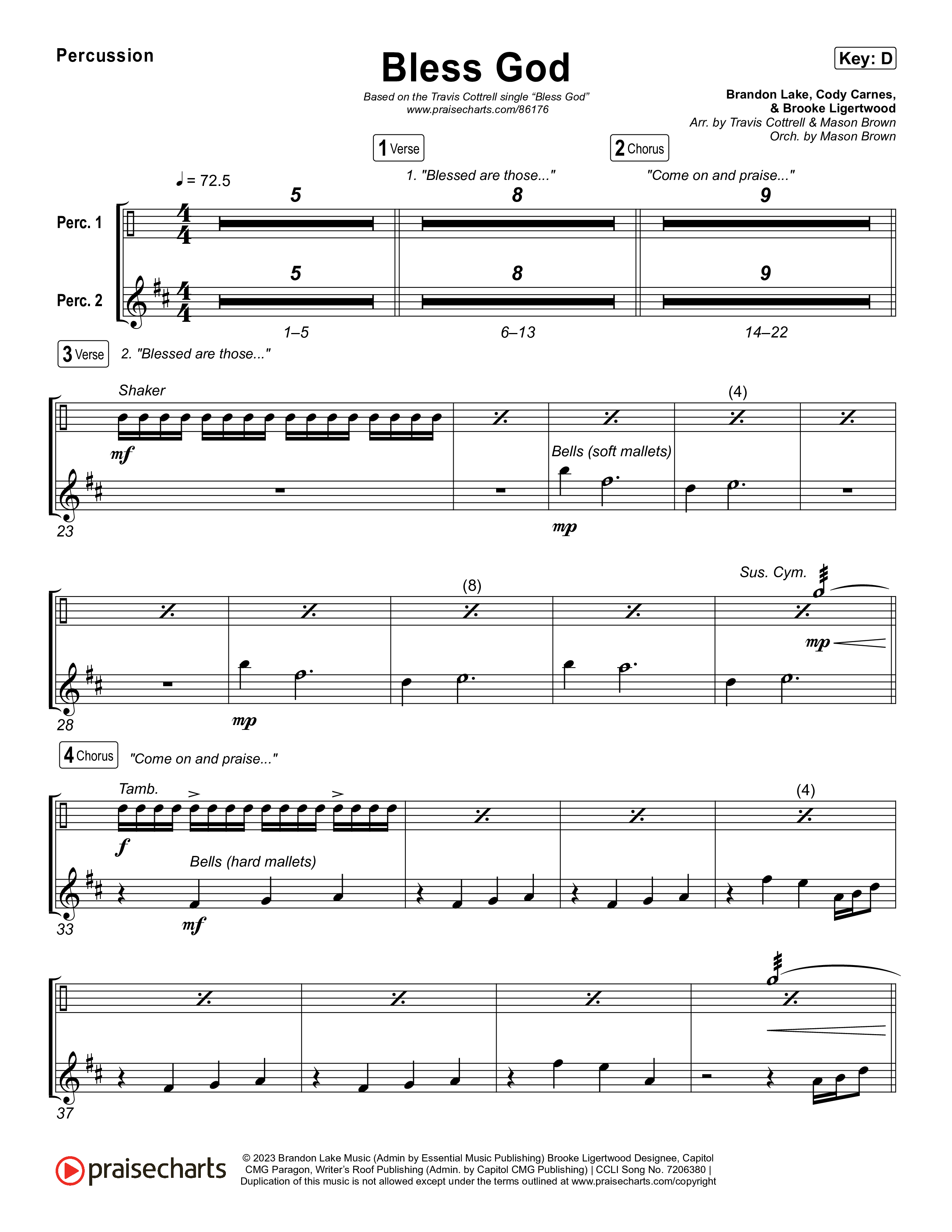Bless God (Choral/SATB) Percussion (Travis Cottrell / Lily Cottrell / Arr. Mason Brown)