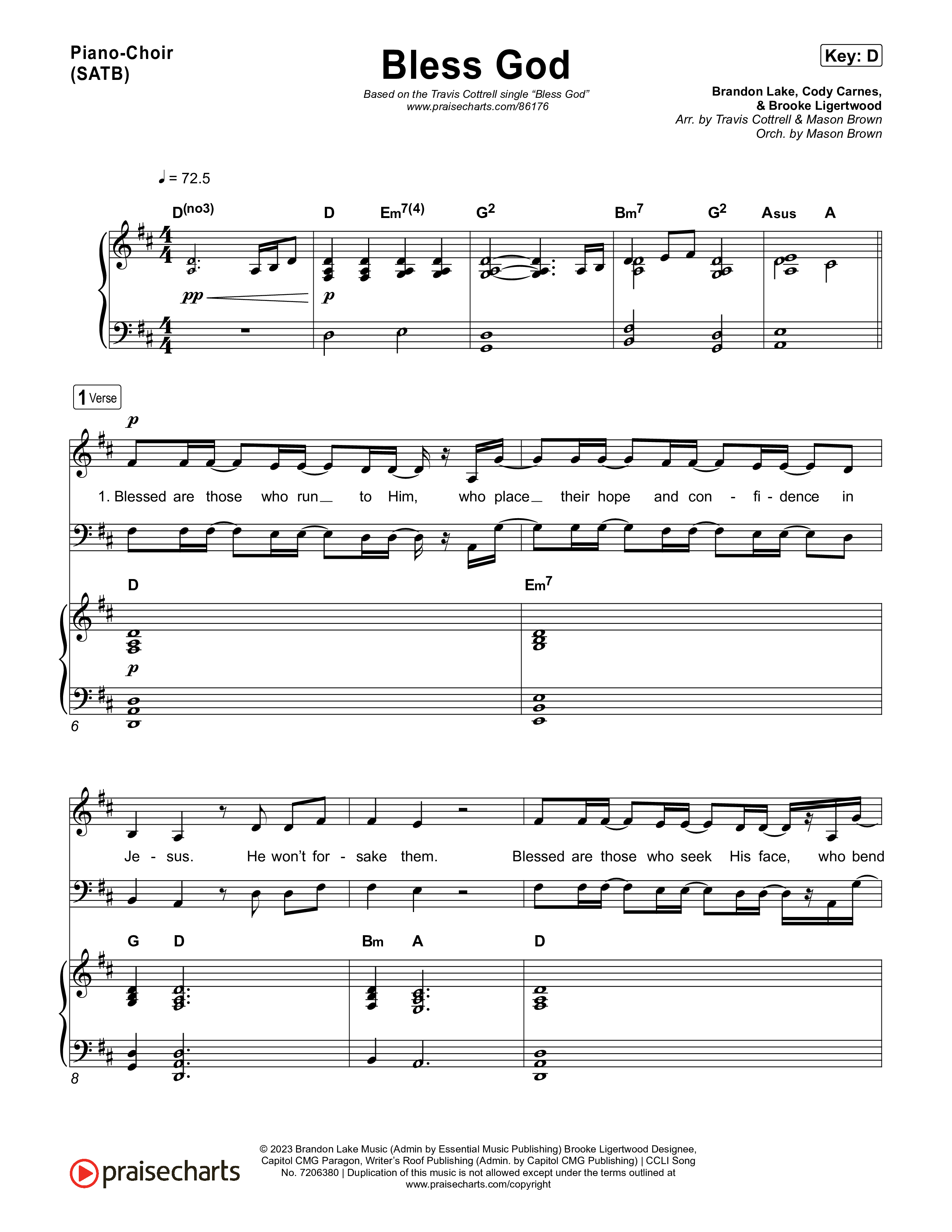 Bless God (Choral/SATB) Piano/Vocal (SATB) (Travis Cottrell / Lily Cottrell / Arr. Mason Brown)