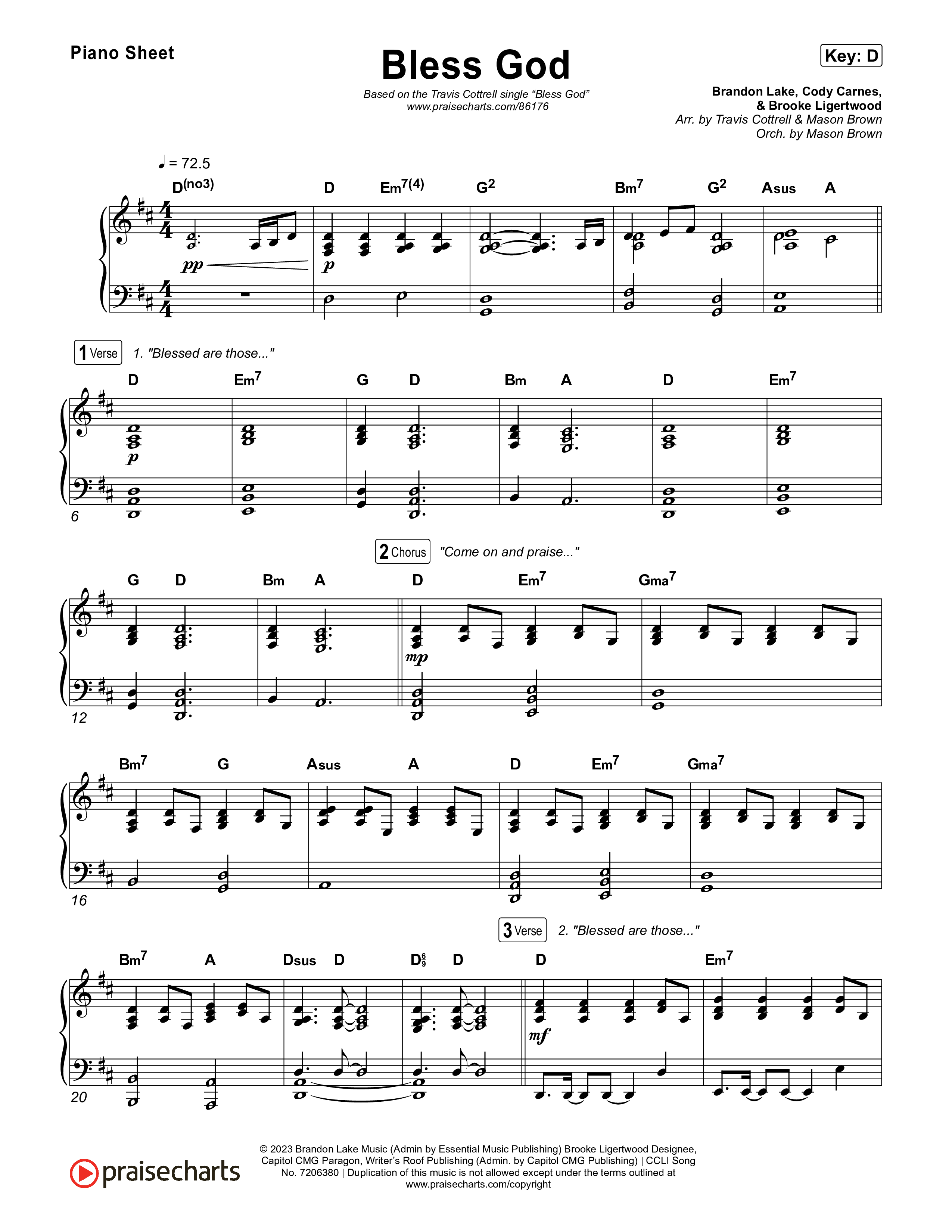 Bless God (Choral/SATB) Piano Sheet (Travis Cottrell / Lily Cottrell / Arr. Mason Brown)