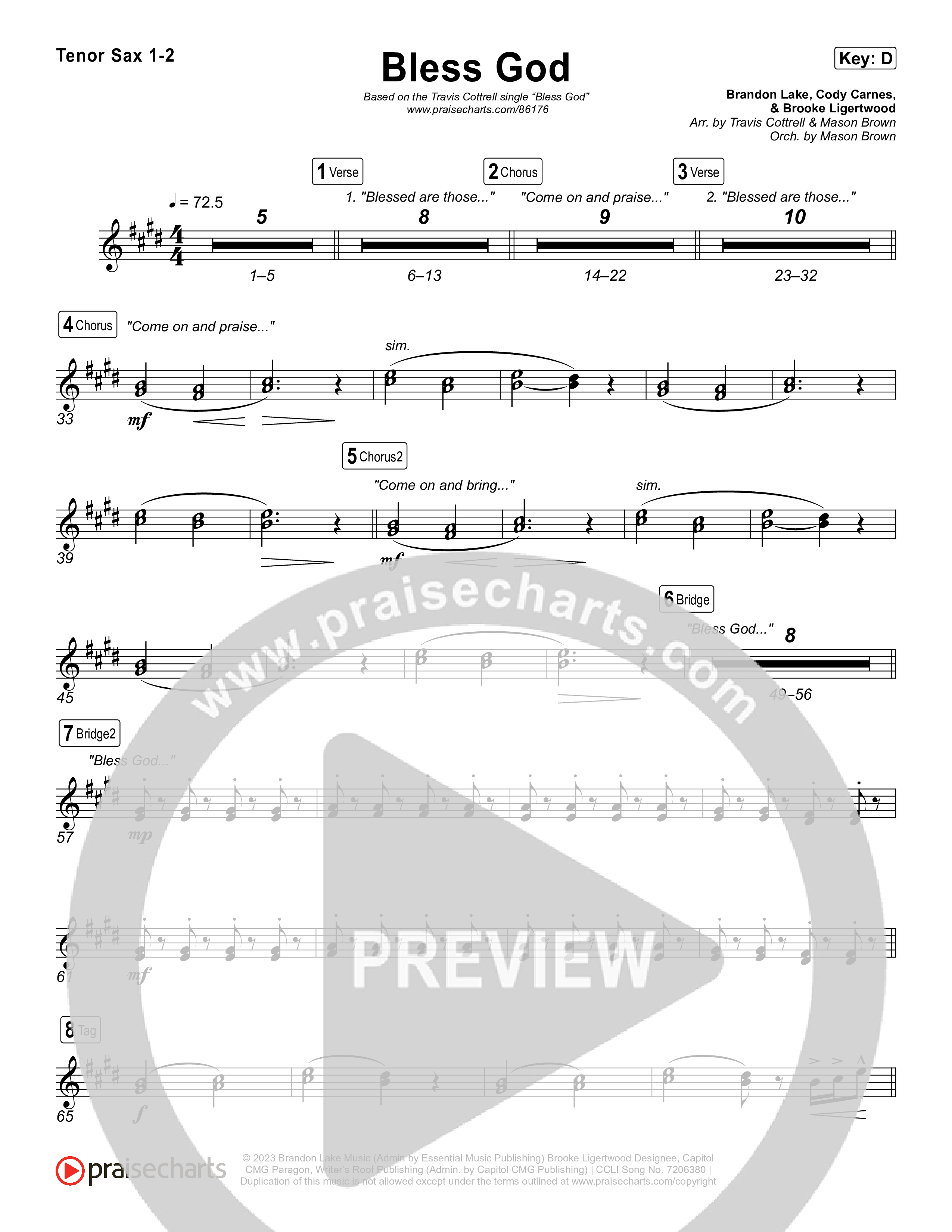 Bless God (Choral/SATB) Tenor Sax 1,2 (Travis Cottrell / Lily Cottrell / Arr. Mason Brown)