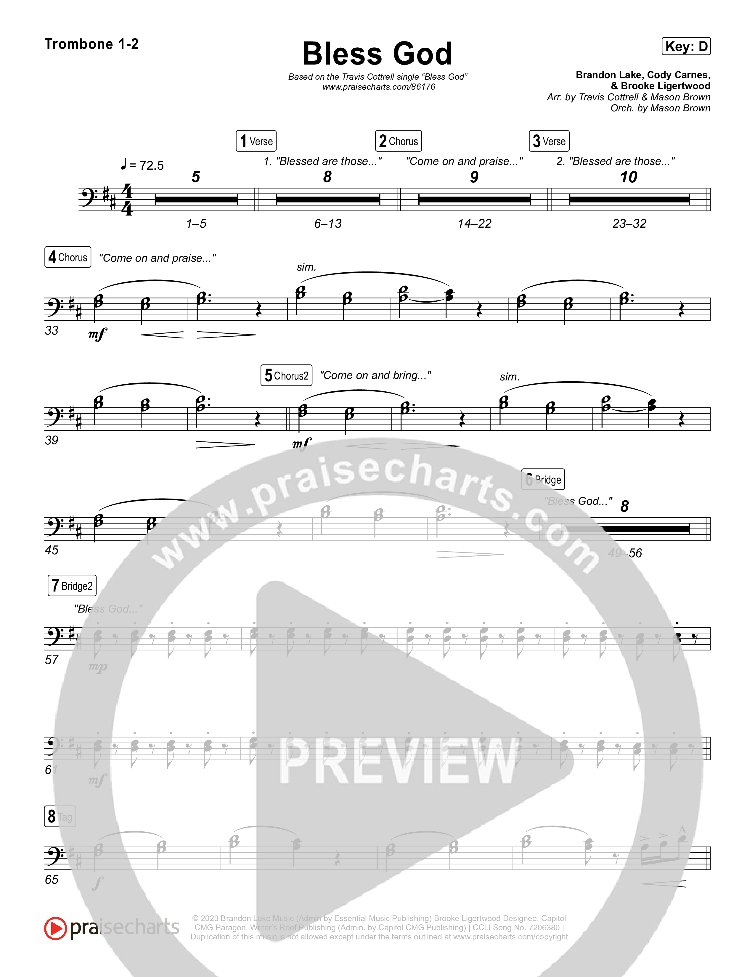 Bless God (Choral/SATB) Trombone 1/2 (Travis Cottrell / Lily Cottrell / Arr. Mason Brown)