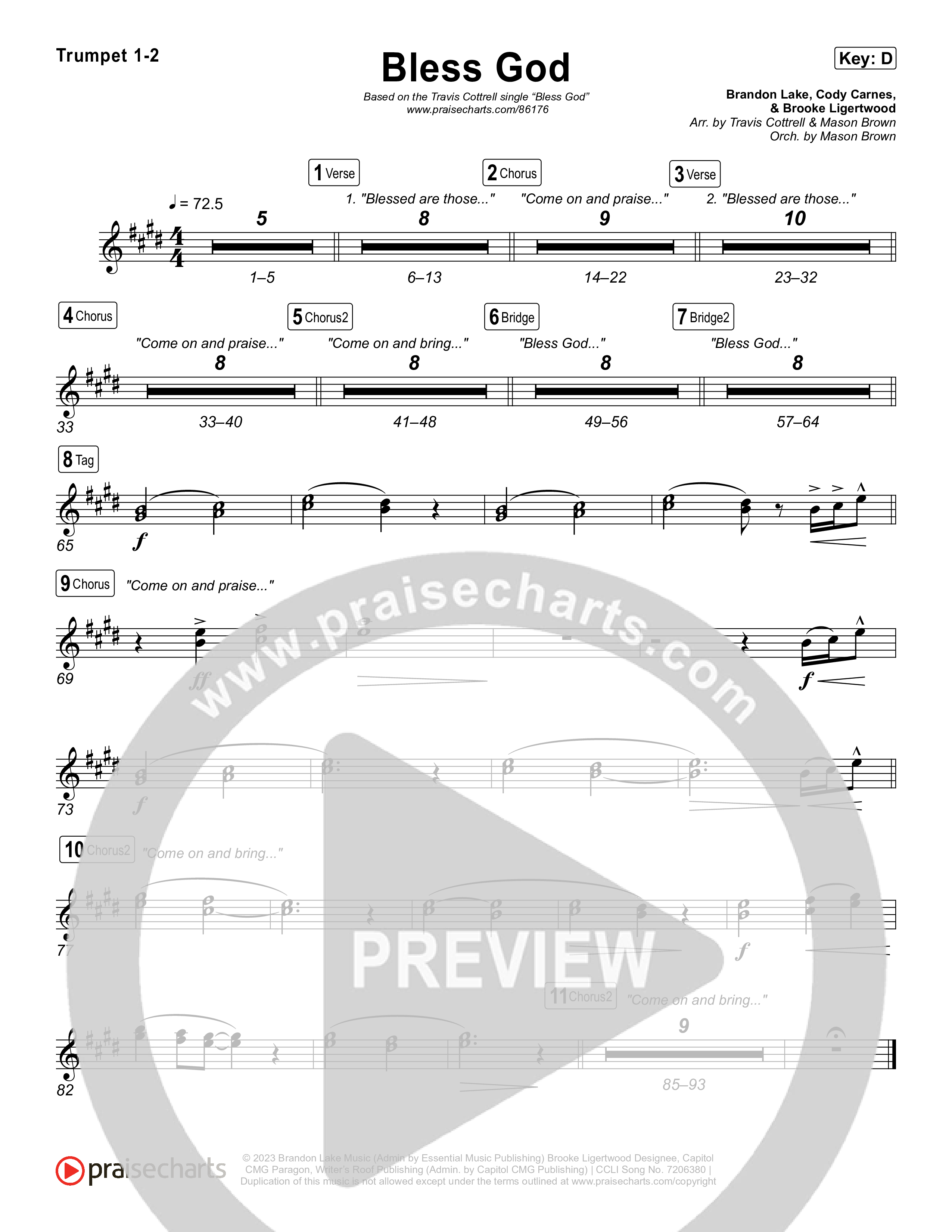 Bless God (Choral/SATB) Trumpet 1,2 (Travis Cottrell / Lily Cottrell / Arr. Mason Brown)