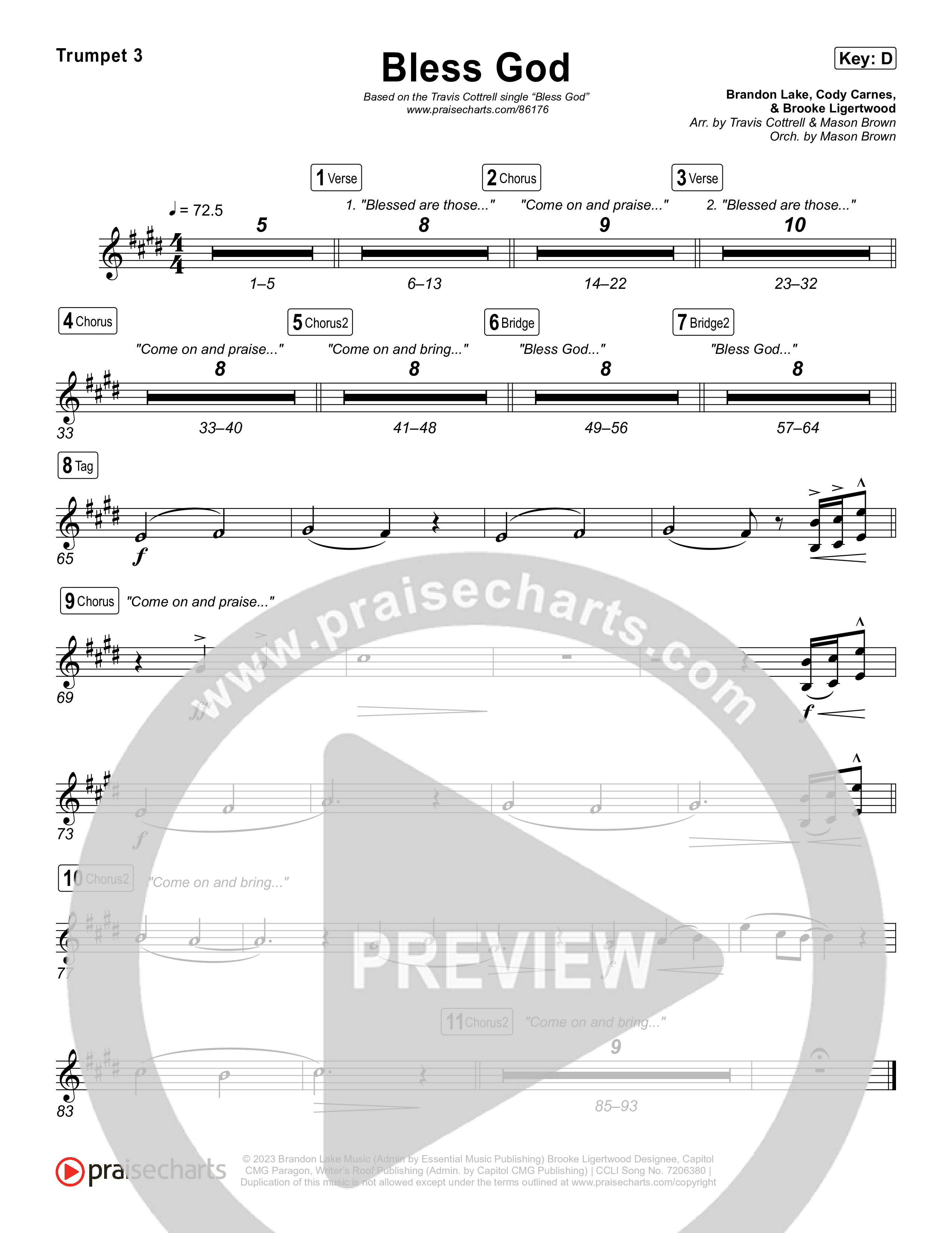 Bless God (Choral/SATB) Trumpet 1,2 (Travis Cottrell / Lily Cottrell / Arr. Mason Brown)