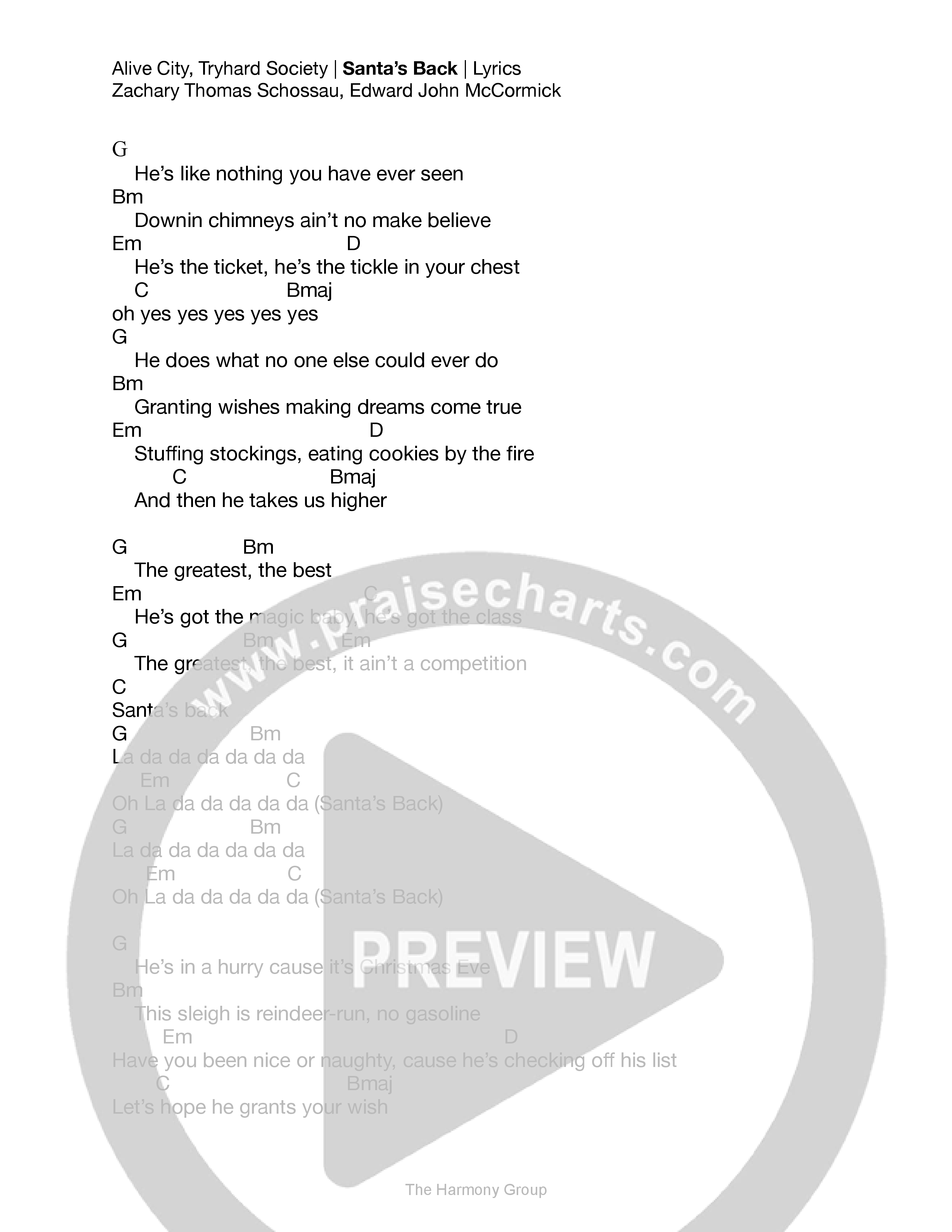 Santa's Back Chord Chart (Alive City)