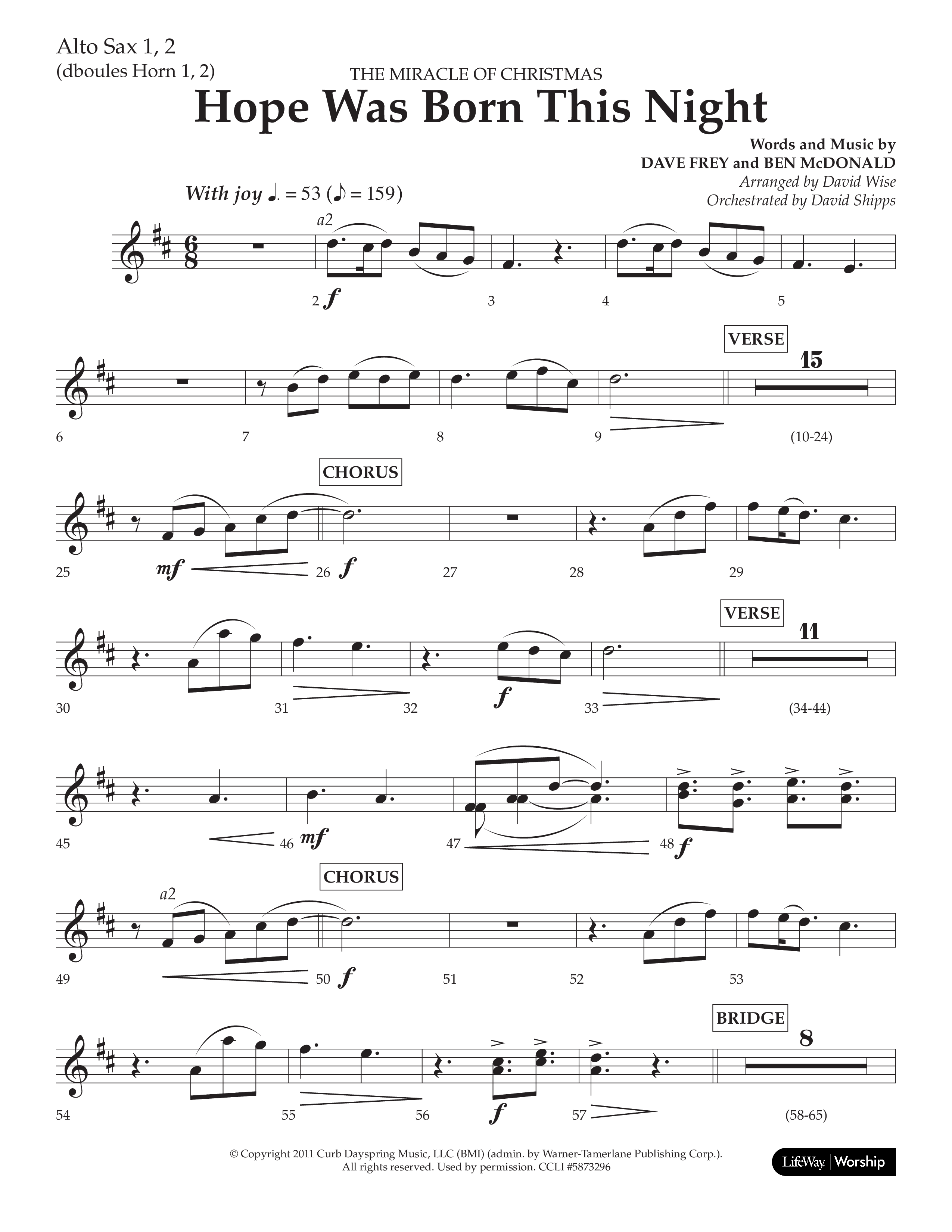 Hope Was Born This Night (Choral Anthem SATB) Alto Sax 1/2 (Lifeway Worship / Arr. David Wise)
