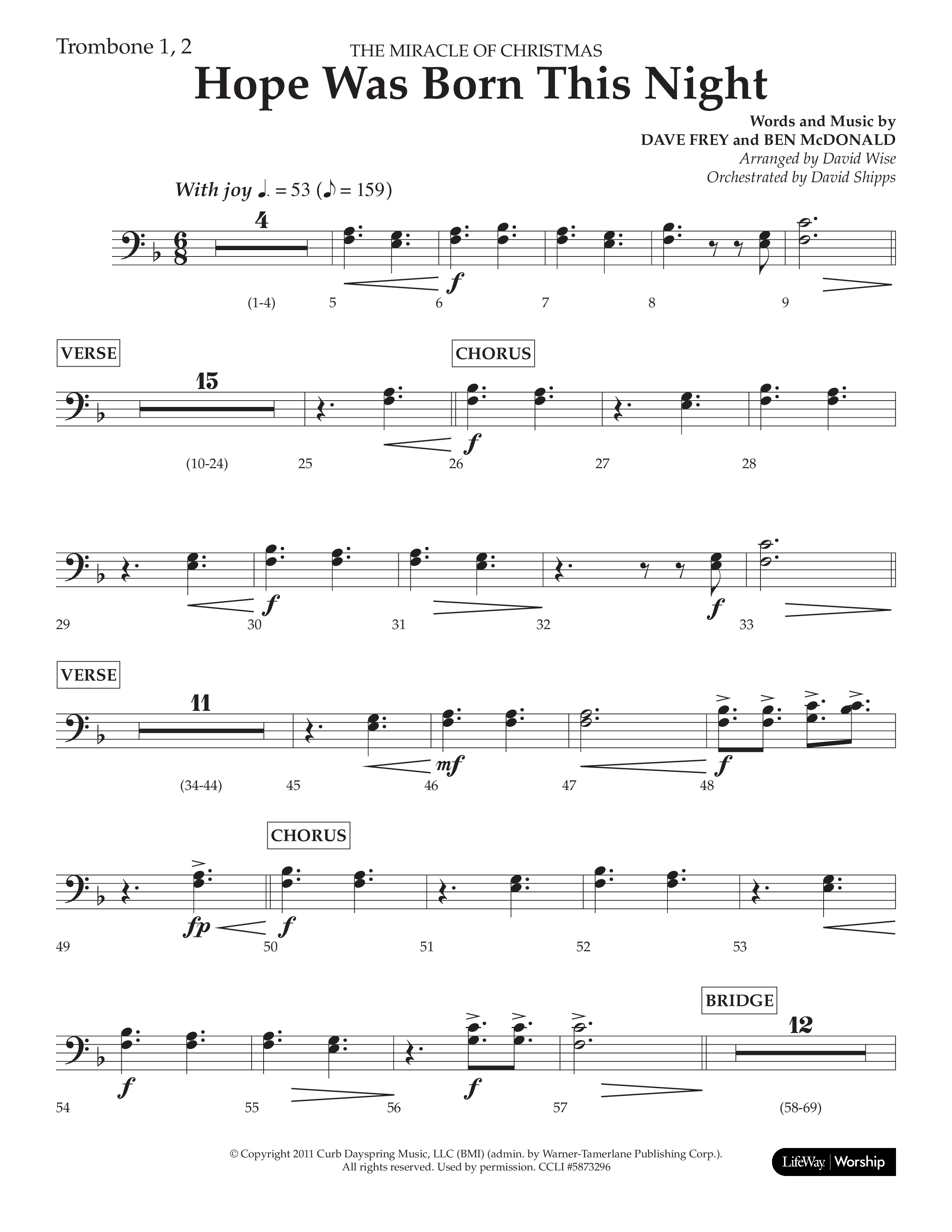 Hope Was Born This Night (Choral Anthem SATB) Trombone 1/2 (Lifeway Worship / Arr. David Wise)