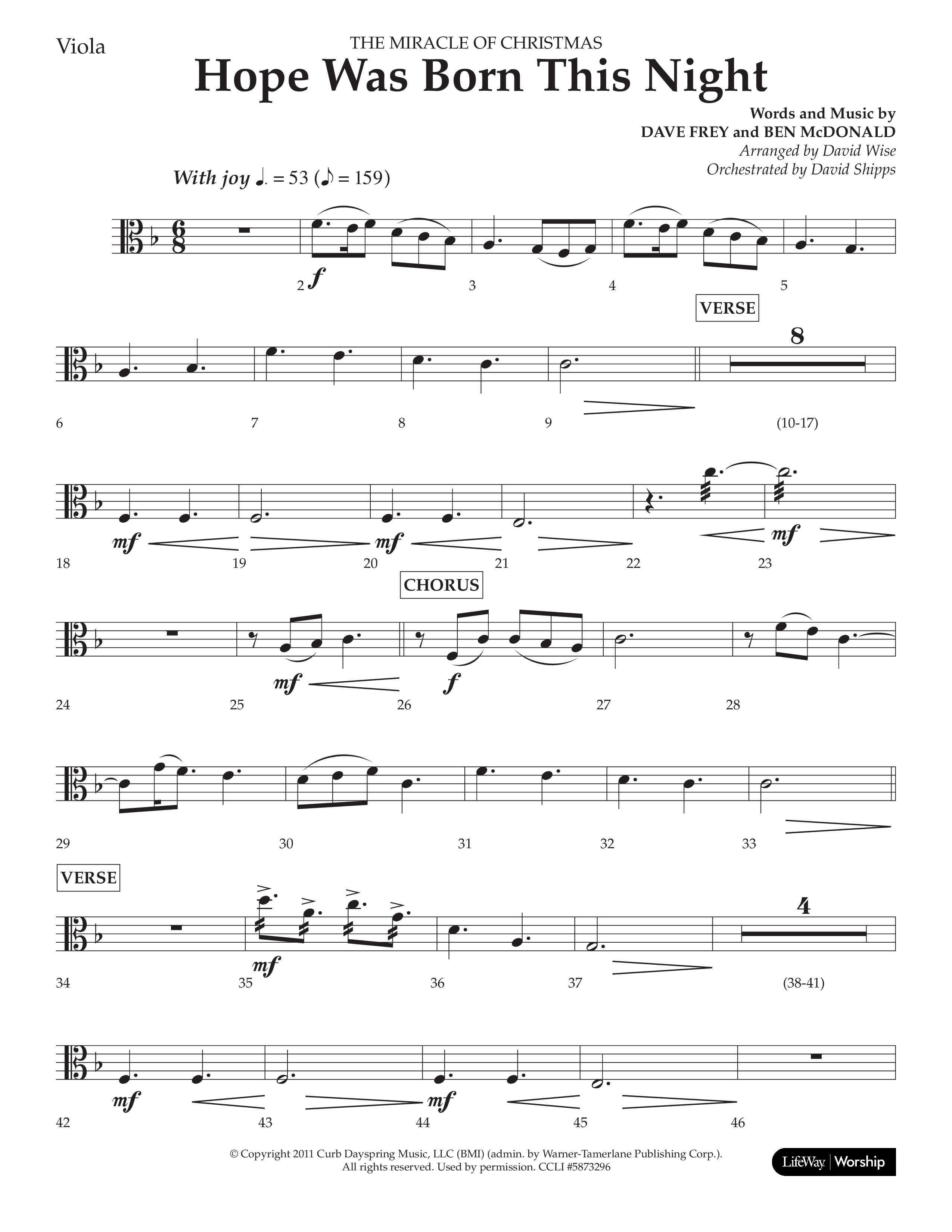 Hope Was Born This Night (Choral Anthem SATB) Viola (Lifeway Worship / Arr. David Wise)