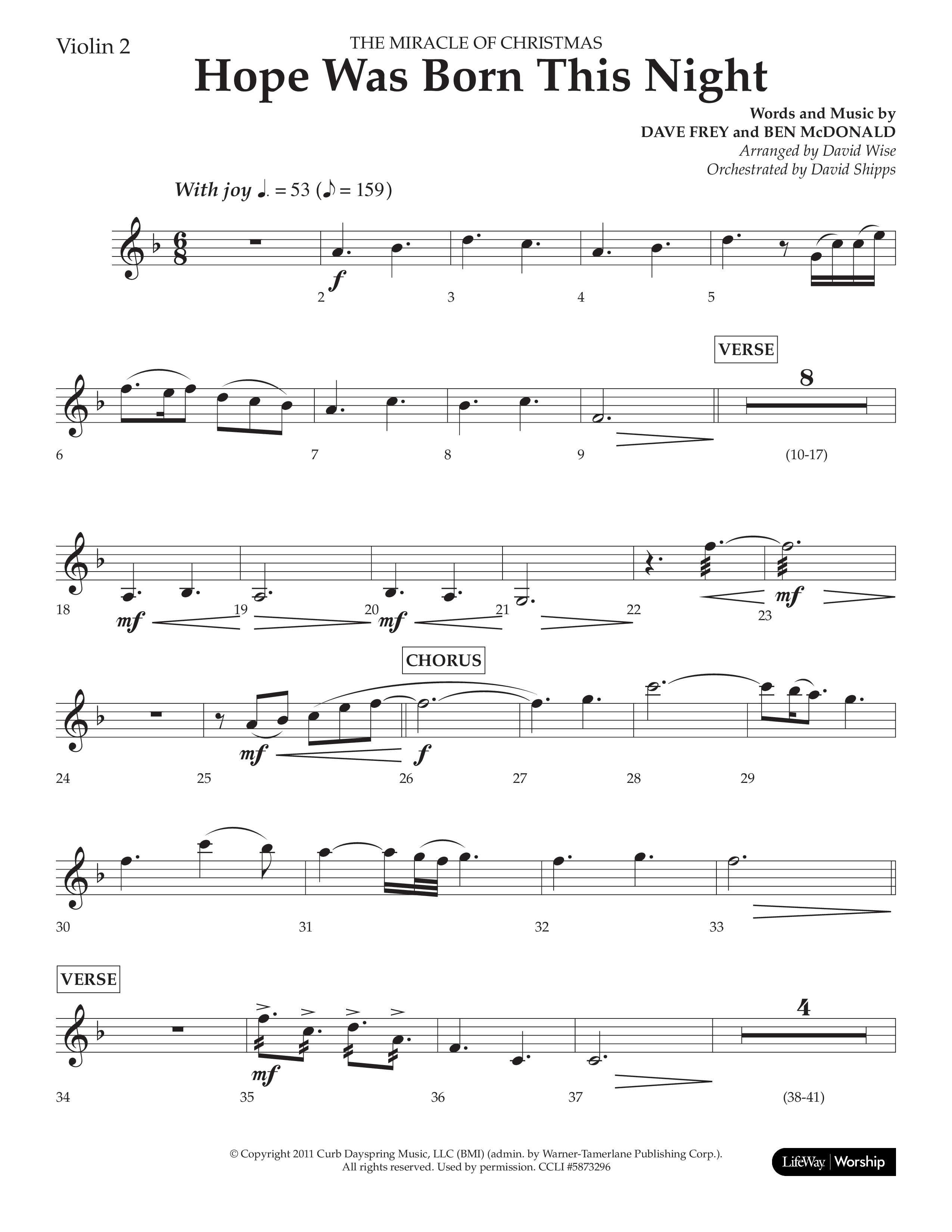 Hope Was Born This Night (Choral Anthem SATB) Violin 2 (Lifeway Worship / Arr. David Wise)