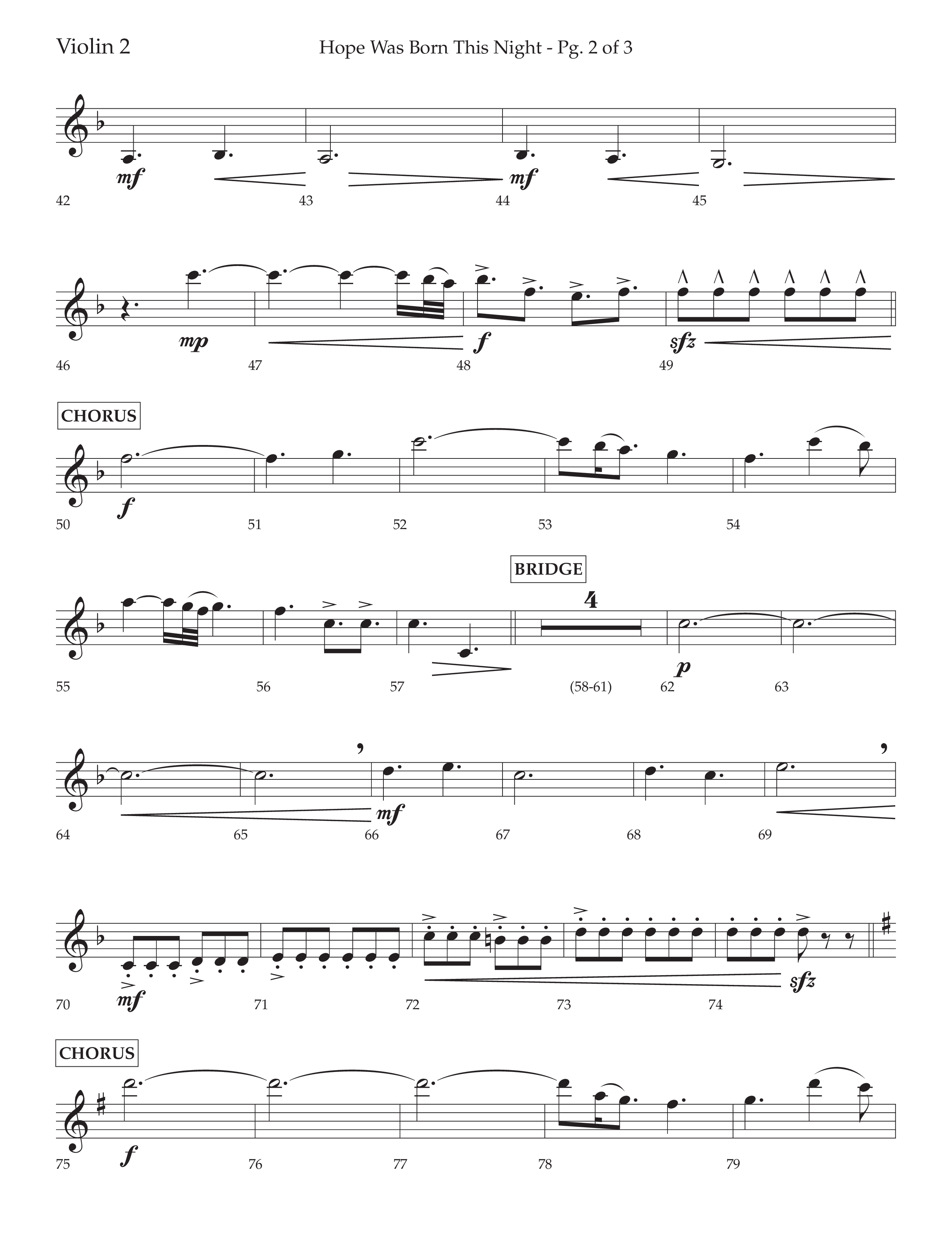 Hope Was Born This Night (Choral Anthem SATB) Violin 2 (Lifeway Worship / Arr. David Wise)