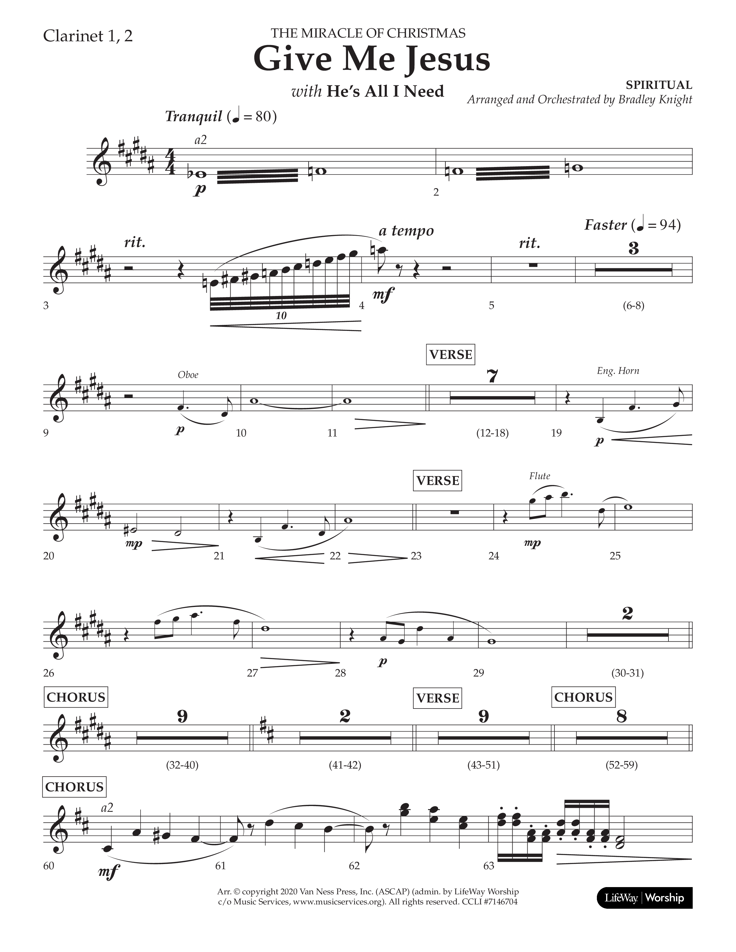 Give Me Jesus (With He's All I Need) (Choral Anthem SATB) Clarinet 1/2 (Lifeway Choral / Arr. Bradley Knight)