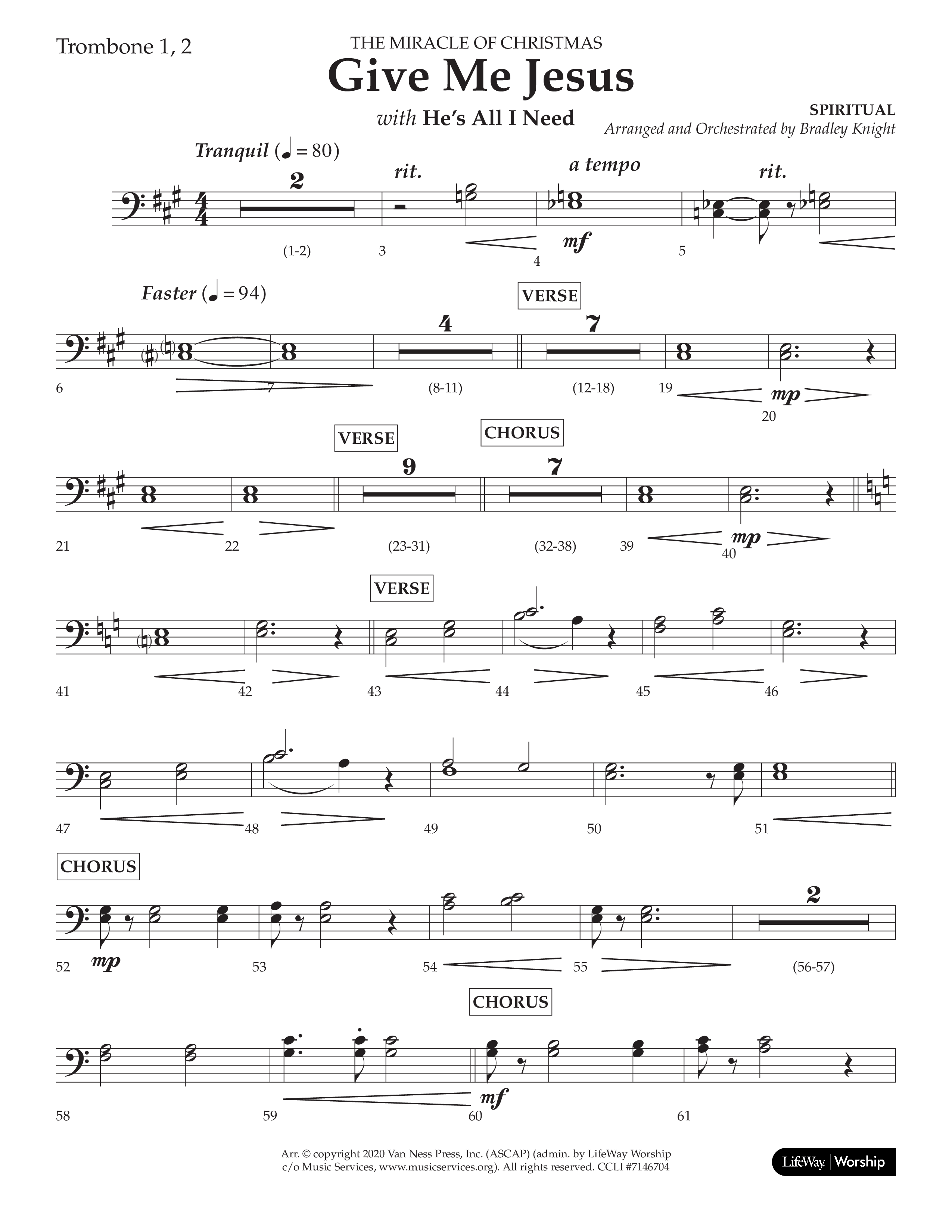 Give Me Jesus (With He's All I Need) (Choral Anthem SATB) Trombone 1/2 (Lifeway Choral / Arr. Bradley Knight)