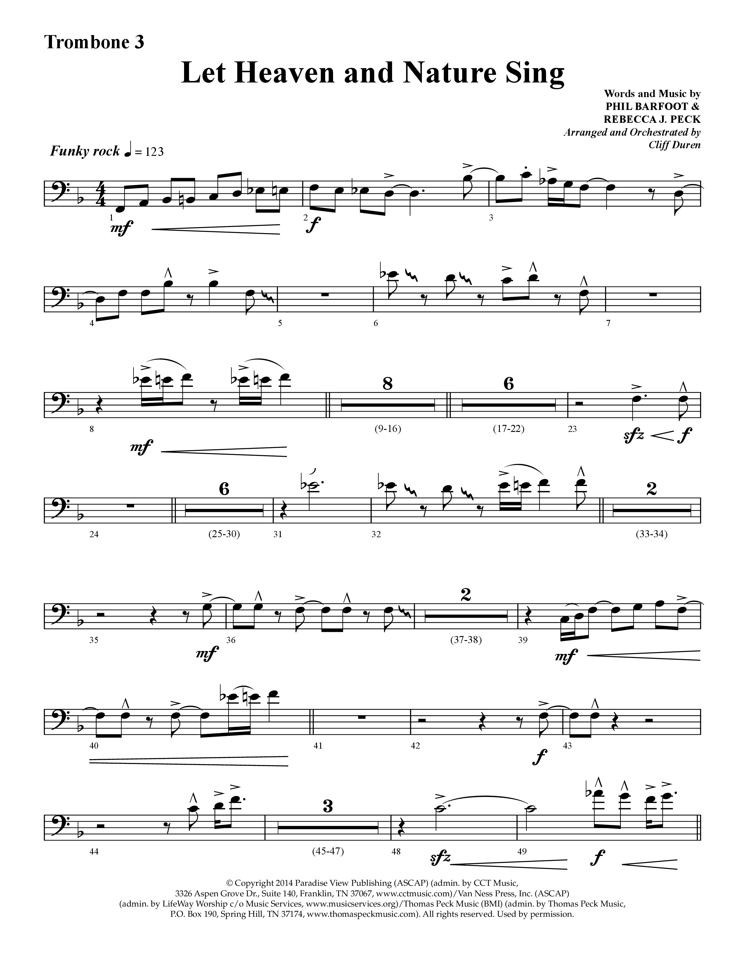 Let Heaven and Nature Sing (Choral Anthem SATB) Trombone 3 (Lifeway Choral / Arr. Cliff Duren)