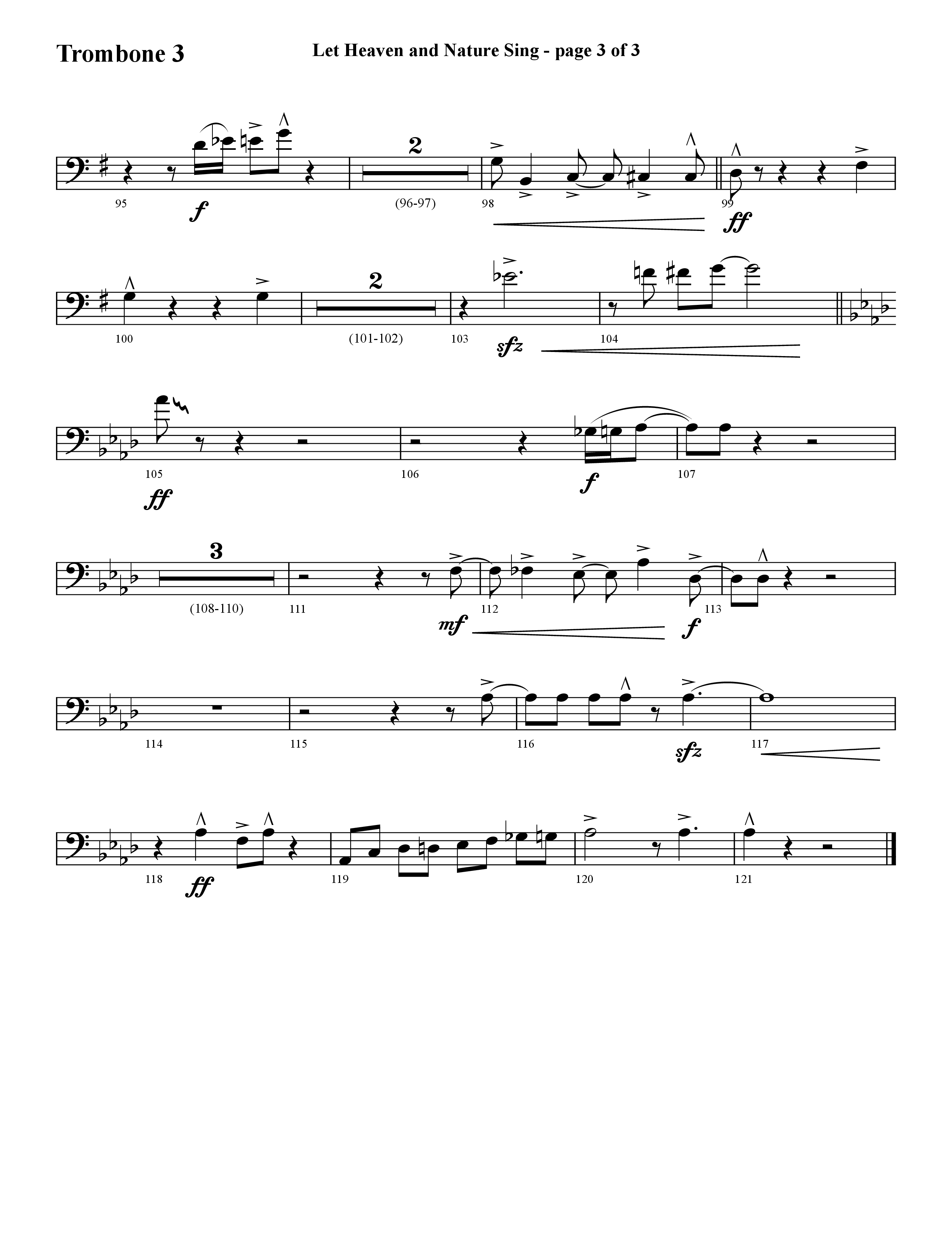 Let Heaven and Nature Sing (Choral Anthem SATB) Trombone 3 (Lifeway Choral / Arr. Cliff Duren)