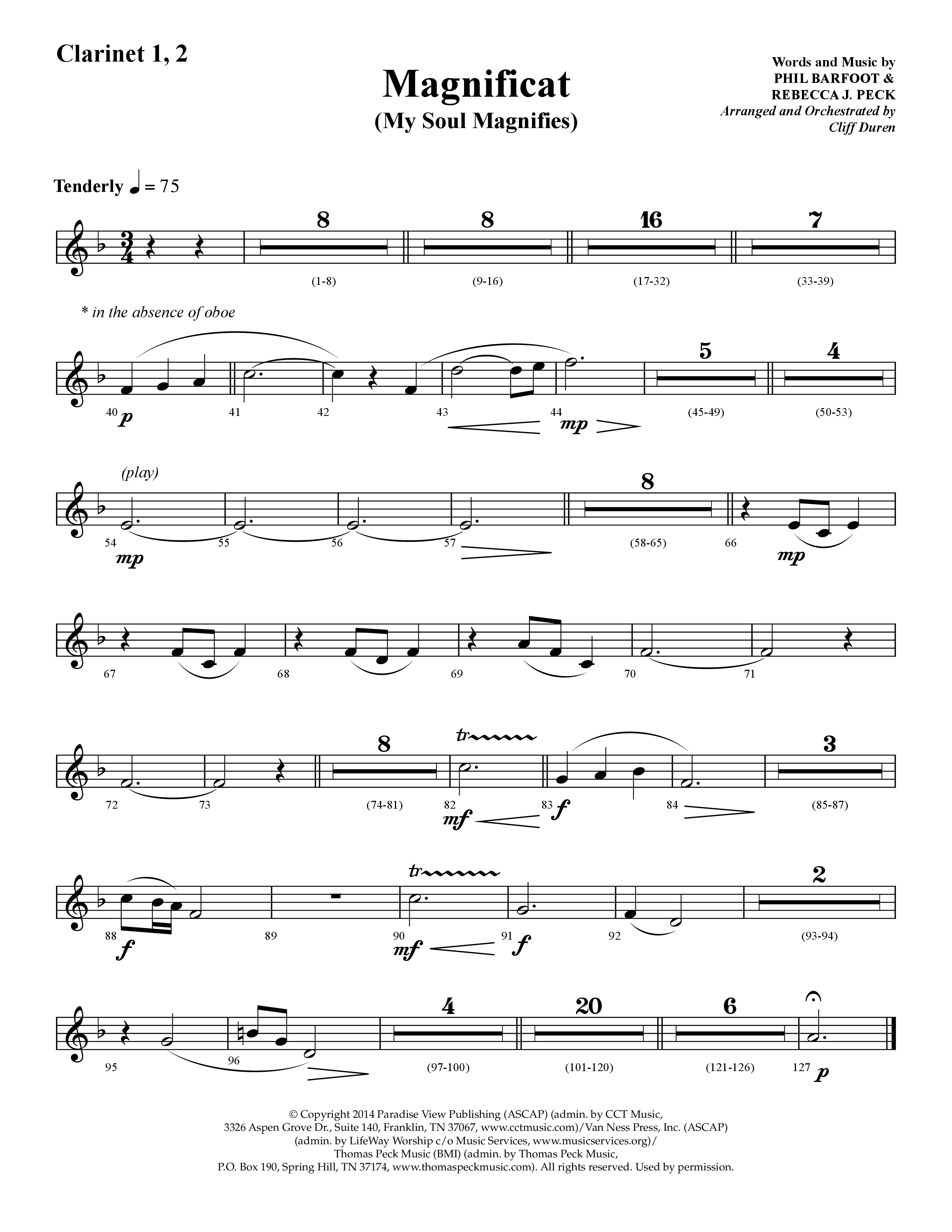 Magnificat (My Soul Magnifies) (Choral Anthem SATB) Clarinet 1/2 (Lifeway Choral / Arr. Cliff Duren)