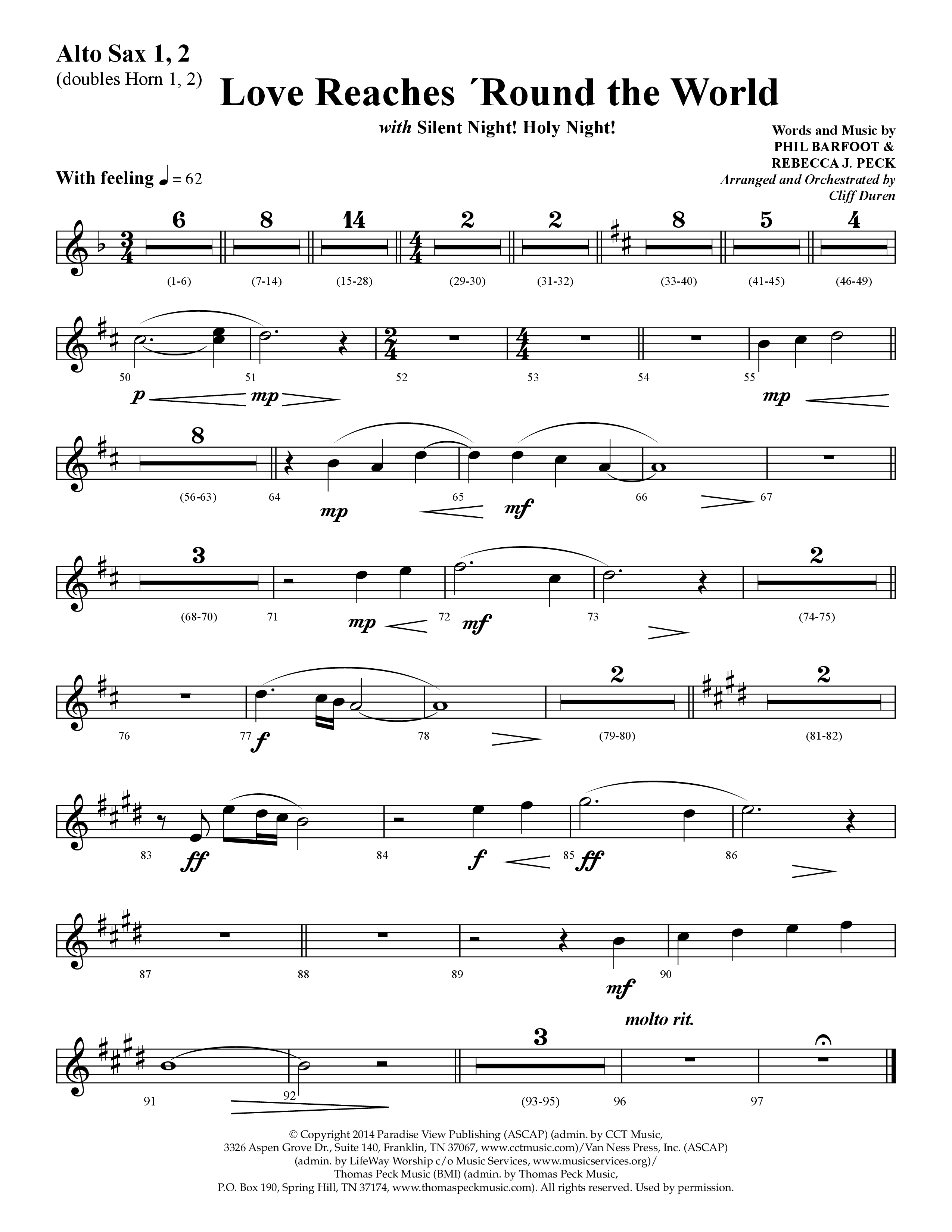 Love Reaches 'Round the World (with Silent Night! Holy Night!) (Choral Anthem SATB) Alto Sax 1/2 (Lifeway Choral / Arr. Cliff Duren)
